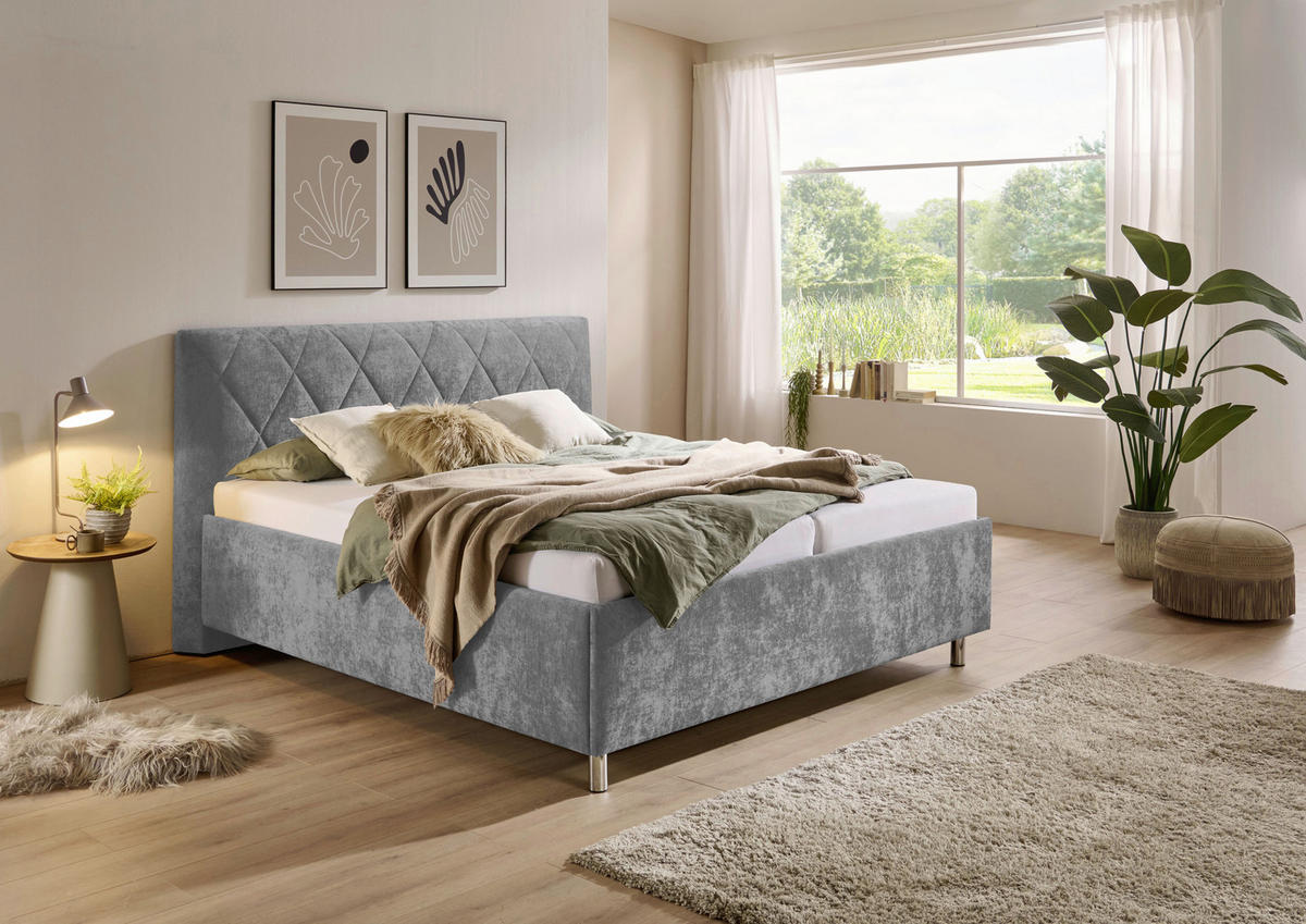 POLSTERBETT 180/200 cm,  in Hellgrau, Matratze, Lattenrost, motorische Verstellbarkeit, Fernbedienung, H2 + H3 = mittel + fest  - Chromfarben/Hellgrau, MODERN, Textil/Metall (180/200cm) - Xora