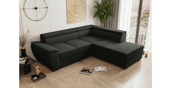 ECKSOFA Anthrazit Flachgewebe Schlaffunktion, Rücken echt, Kopfteilverstellung, Liegefläche im Originalstoff  - Anthrazit/Schwarz, KONVENTIONELL, Kunststoff/Textil (266/220cm) - Carryhome