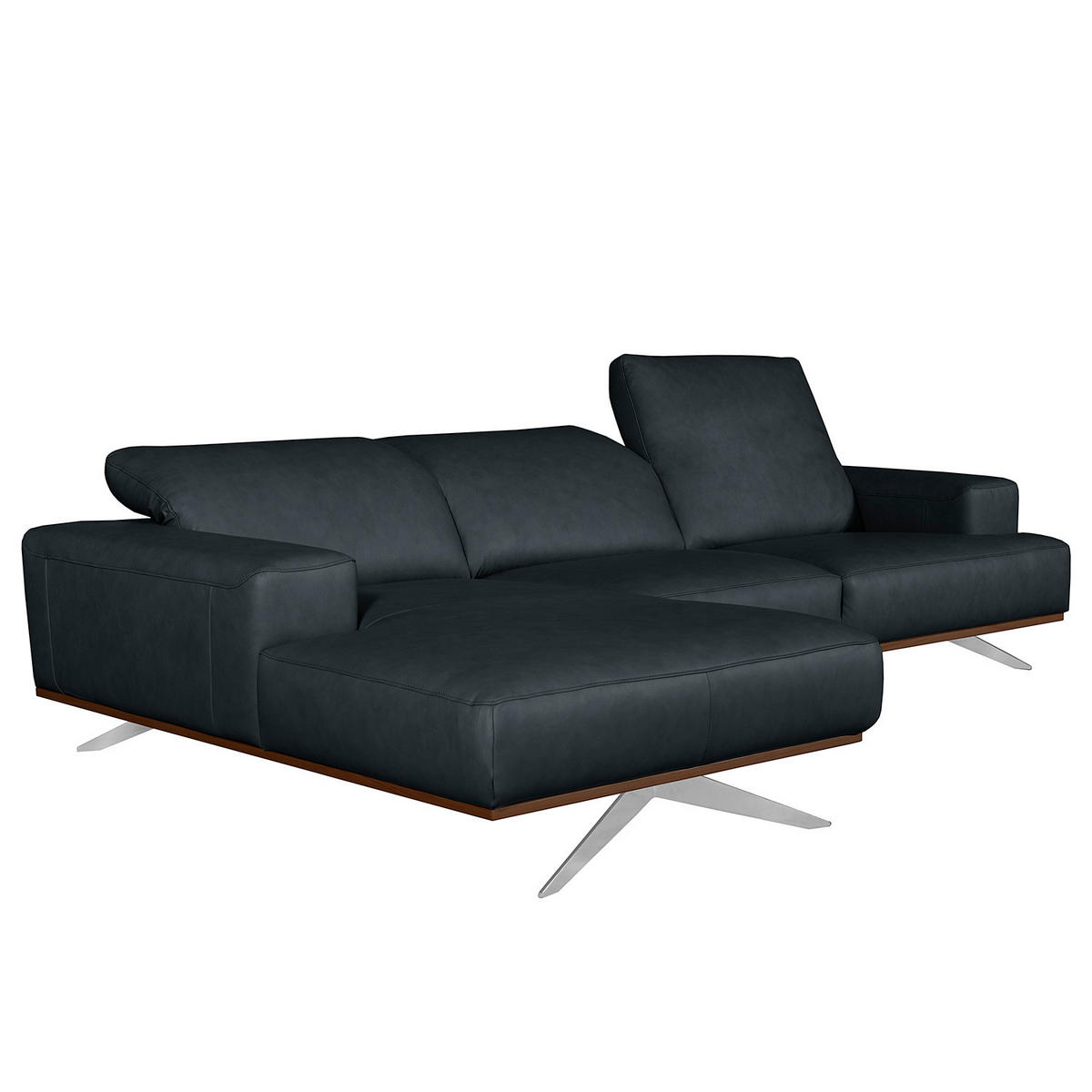 ECKSOFA  in Echtleder Blau Rücken echt, Kopfteilverstellung  187/295 cm  - Chromfarben/Blau, Design, Leder/Metall (187/295cm) - Livetastic