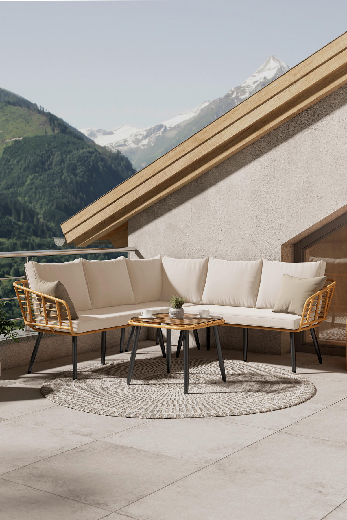 LOUNGEGARNITUR 4-teilig   187/67/187 cm Eisen  - Beige/Naturfarben, MODERN, Glas/Kunststoff (187/67/187cm) - Ambia Garden