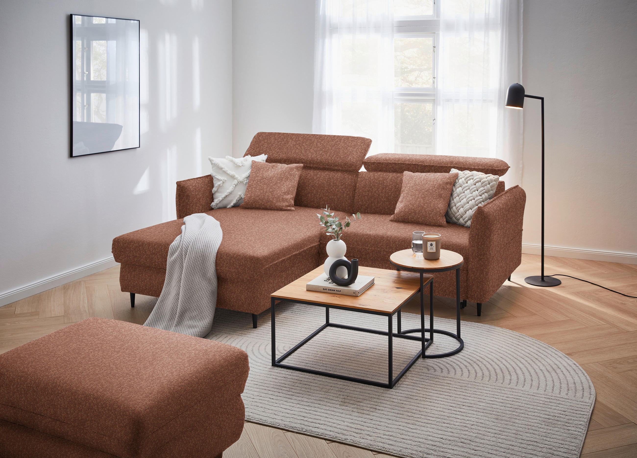 ECKSOFA inkl. Funktionen Rostfarben Struktur  - Rostfarben/Schwarz, Design, Holz/Textil (185/232cm) - Stylife
