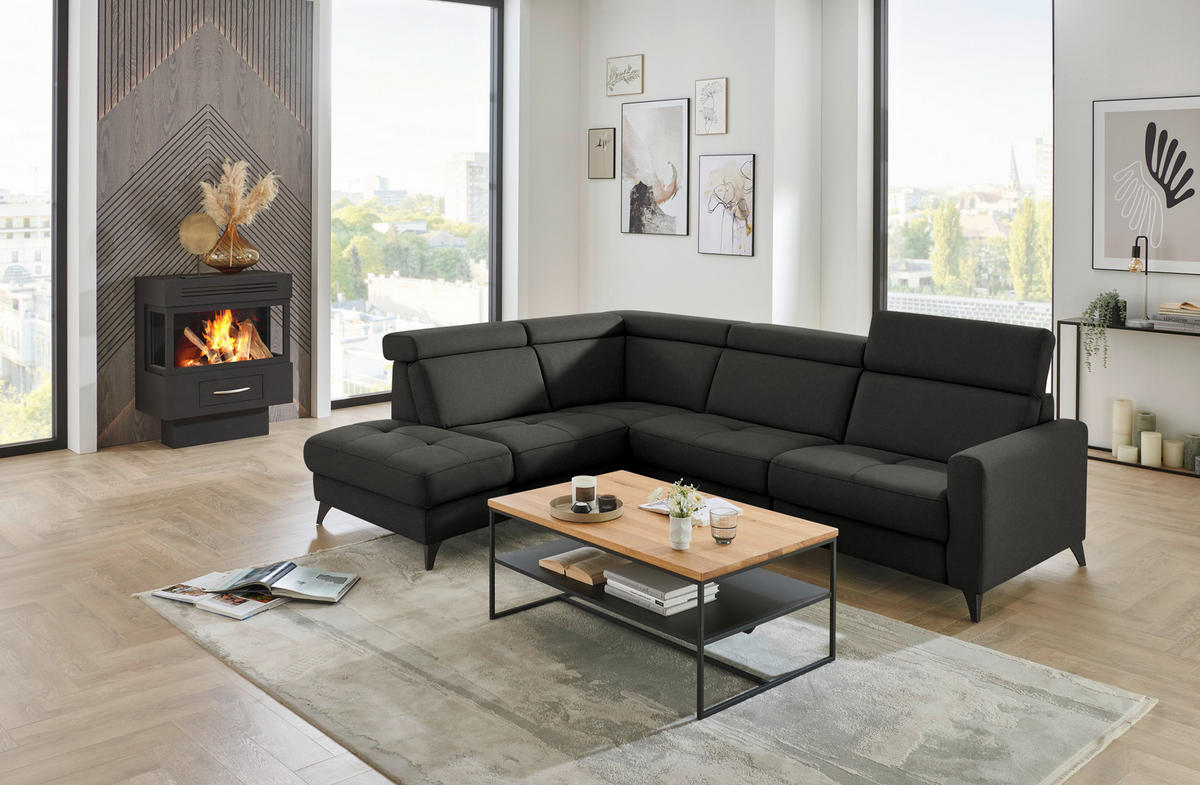 ECKSOFA Flachgewebe Schwarz  - Schwarz, Konventionell, Textil/Metall (214/276cm) - Beldomo System