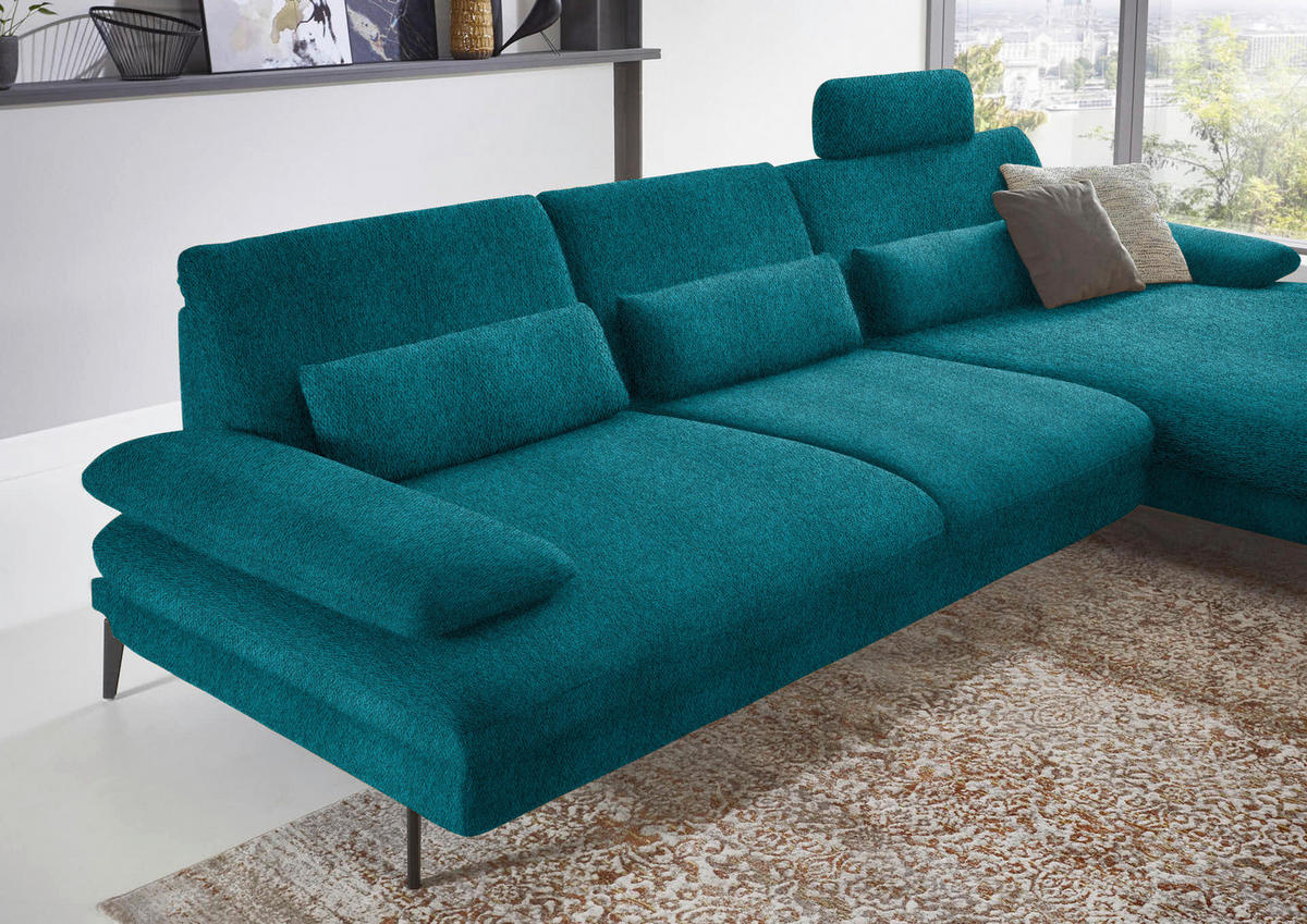 ECKSOFA in Chenille Petrol  - Petrol/Schwarz, Design, Textil/Metall (310/180cm) - Dieter Knoll