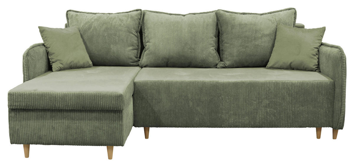 ECKSOFA TEDDY Mintgrün Cord, Bouclé Zierkissen, Rückenkissen, Bettkasten  - Naturfarben/Mintgrün, Design, Holz/Textil (142/215cm) - MID.YOU