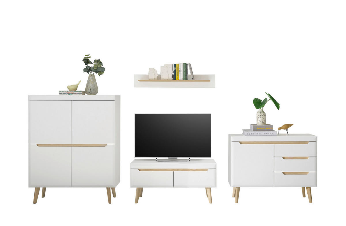 WOHNWAND 4-teilig  in Weiß, Eichefarben  361/170/40 cm  - Eichefarben/Weiß, Design, Glas/Holzwerkstoff (361/170/40cm) - MID.YOU