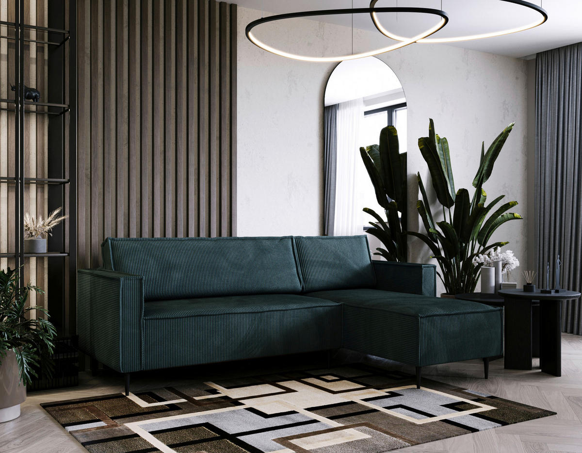 ECKSOFA Cord Petrol  - Petrol/Schwarz, Design, Textil/Metall (223/151cm) - Livetastic