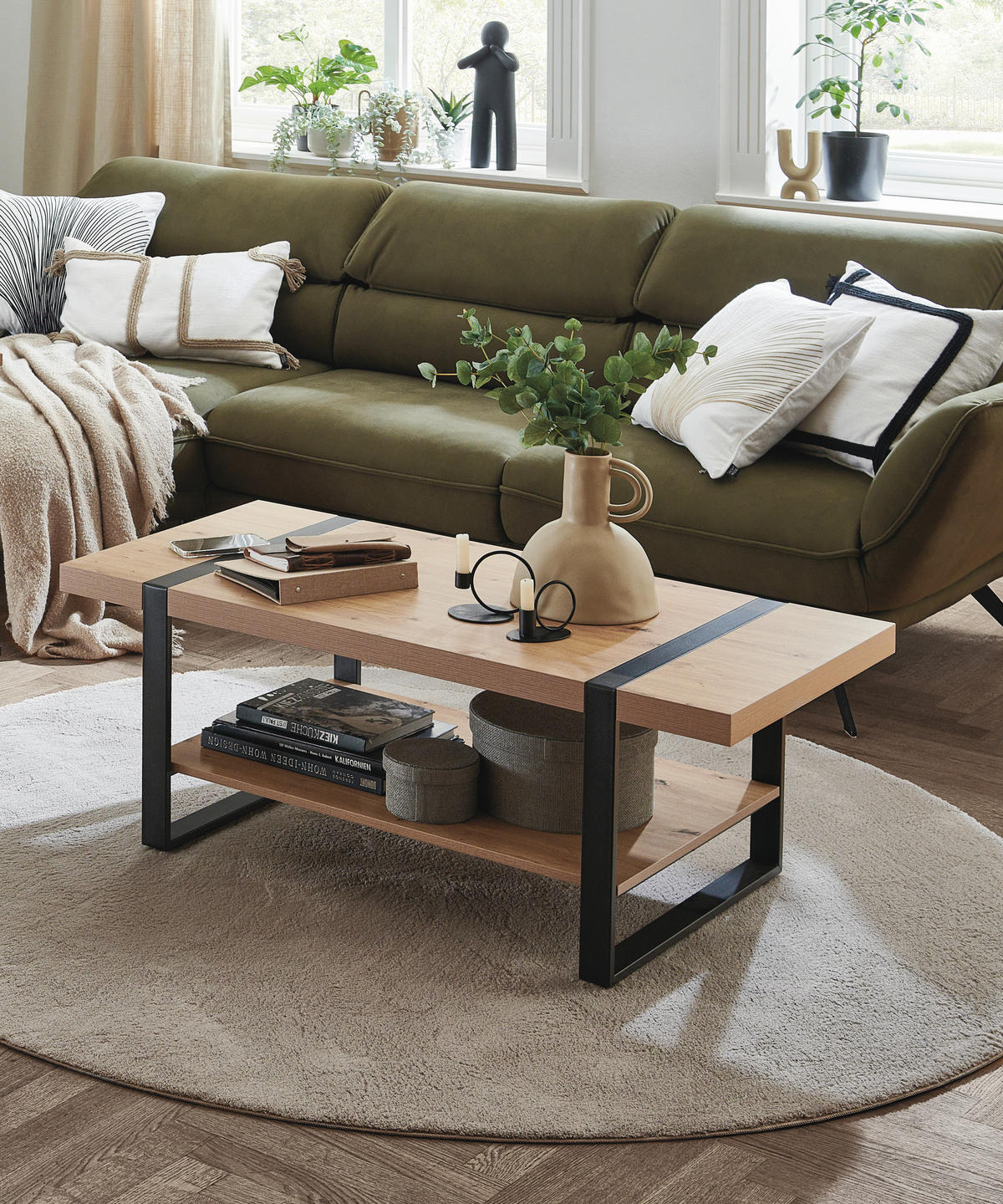 COUCHTISCH 120/60/45 cm rechteckig Schwarz, Eichefarben  - Eichefarben/Schwarz, Design, Holzwerkstoff/Metall (120/60/45cm)