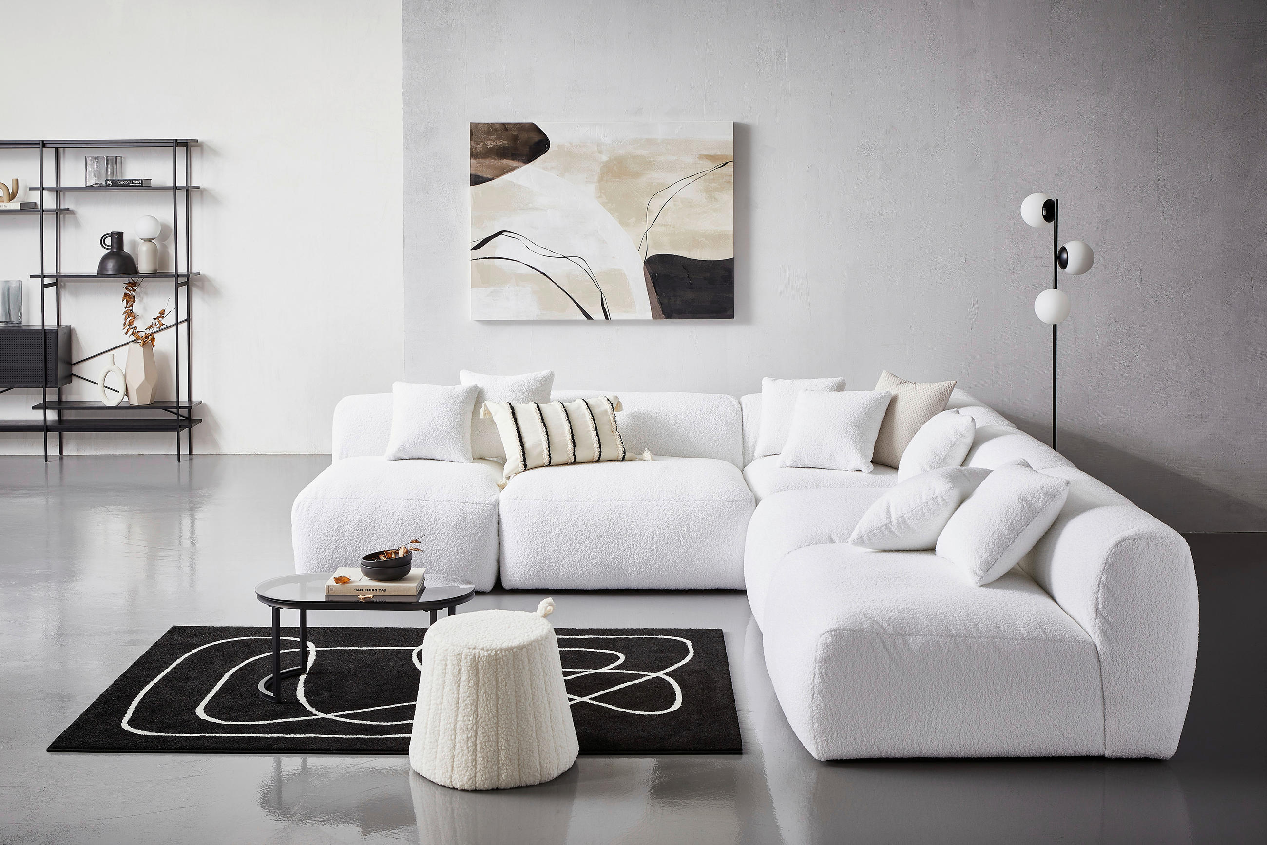 ECKSOFA Weiß Flachgewebe, Teddystoff  - Weiß, Trend, Textil (300/315cm) - Livetastic