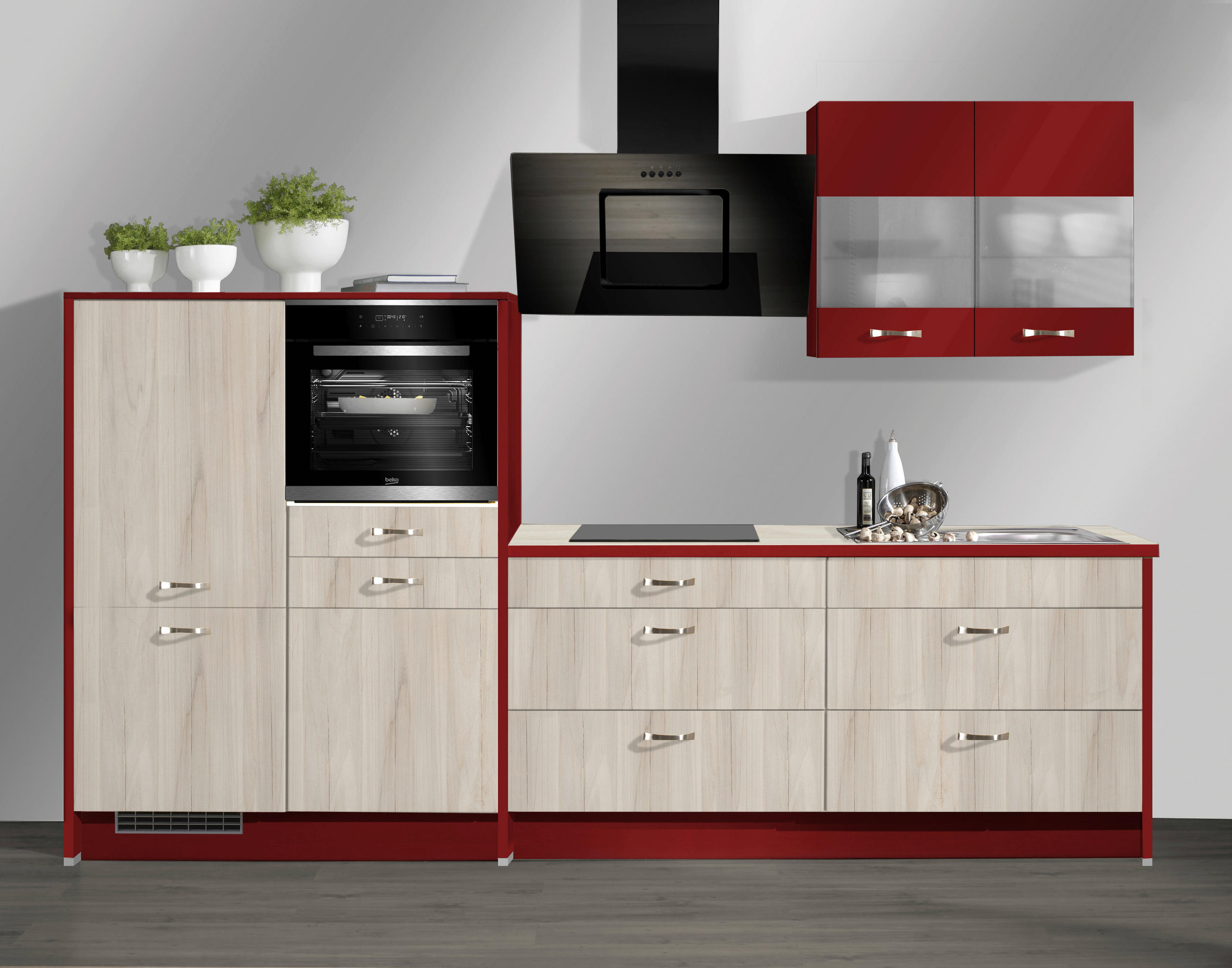 KUHINJSKI BLOK BREZ APARATOV - rdeča/barve javorja, Basics, leseni material (305cm) - Venda