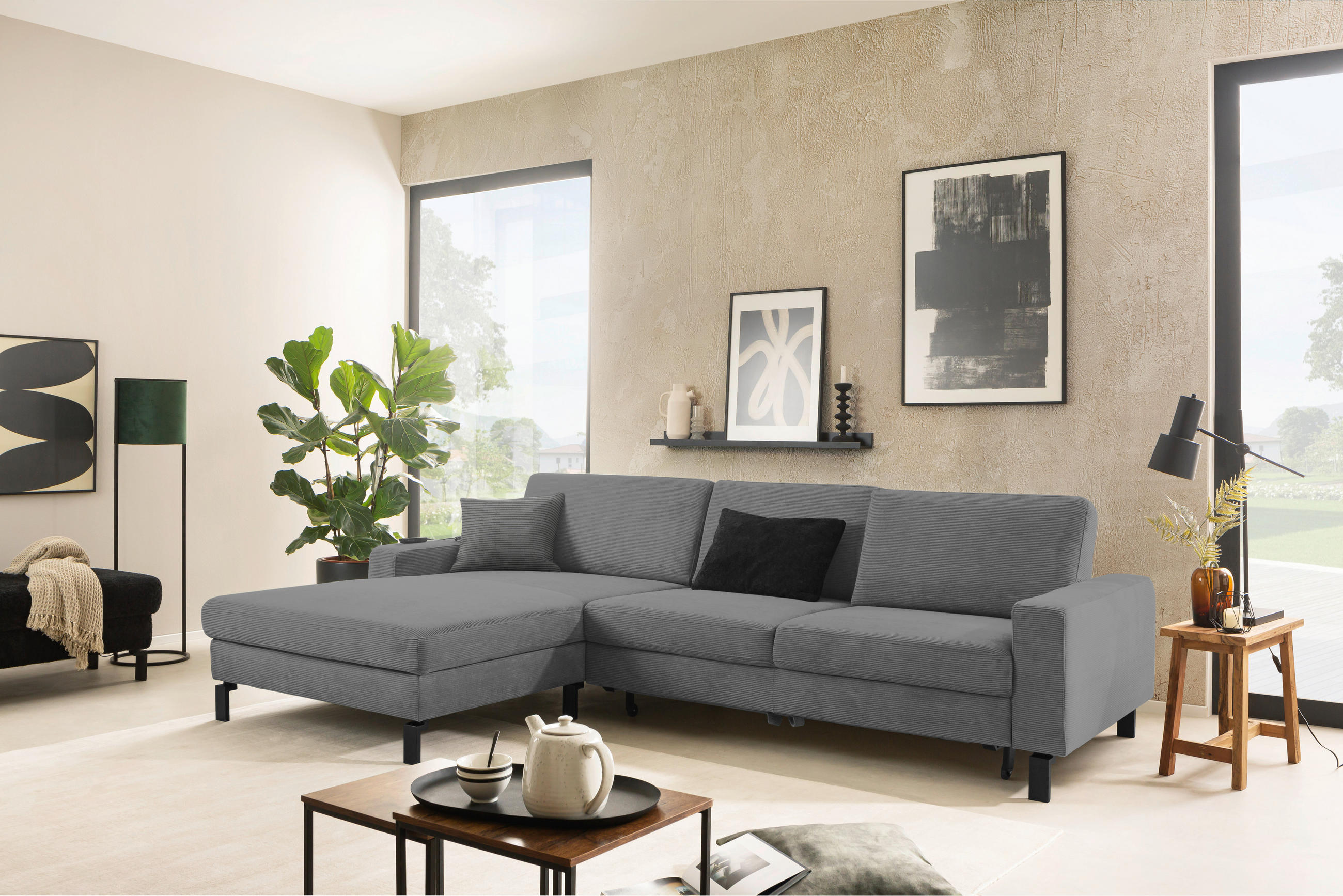ECKSOFA in Cord Grau  - Schwarz/Grau, Design, Textil/Metall (185/298cm) - Pure Home Lifestyle