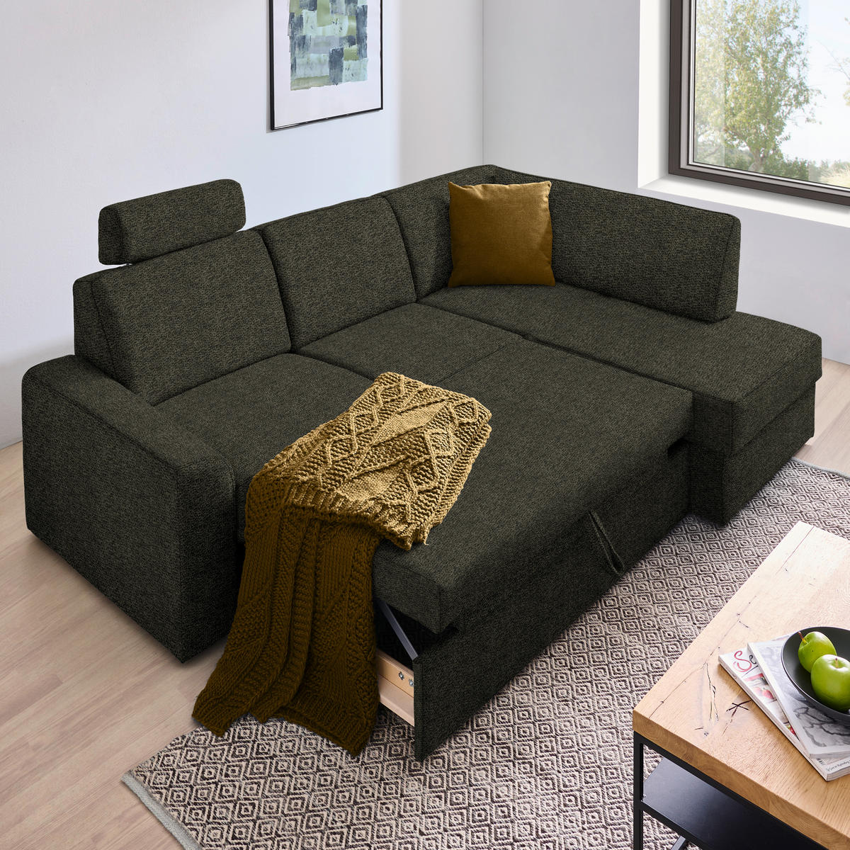 ECKSOFA in Webstoff Dunkelgrün  - Dunkelgrün/Schwarz, Konventionell, Kunststoff/Textil (224/165cm) - Xora