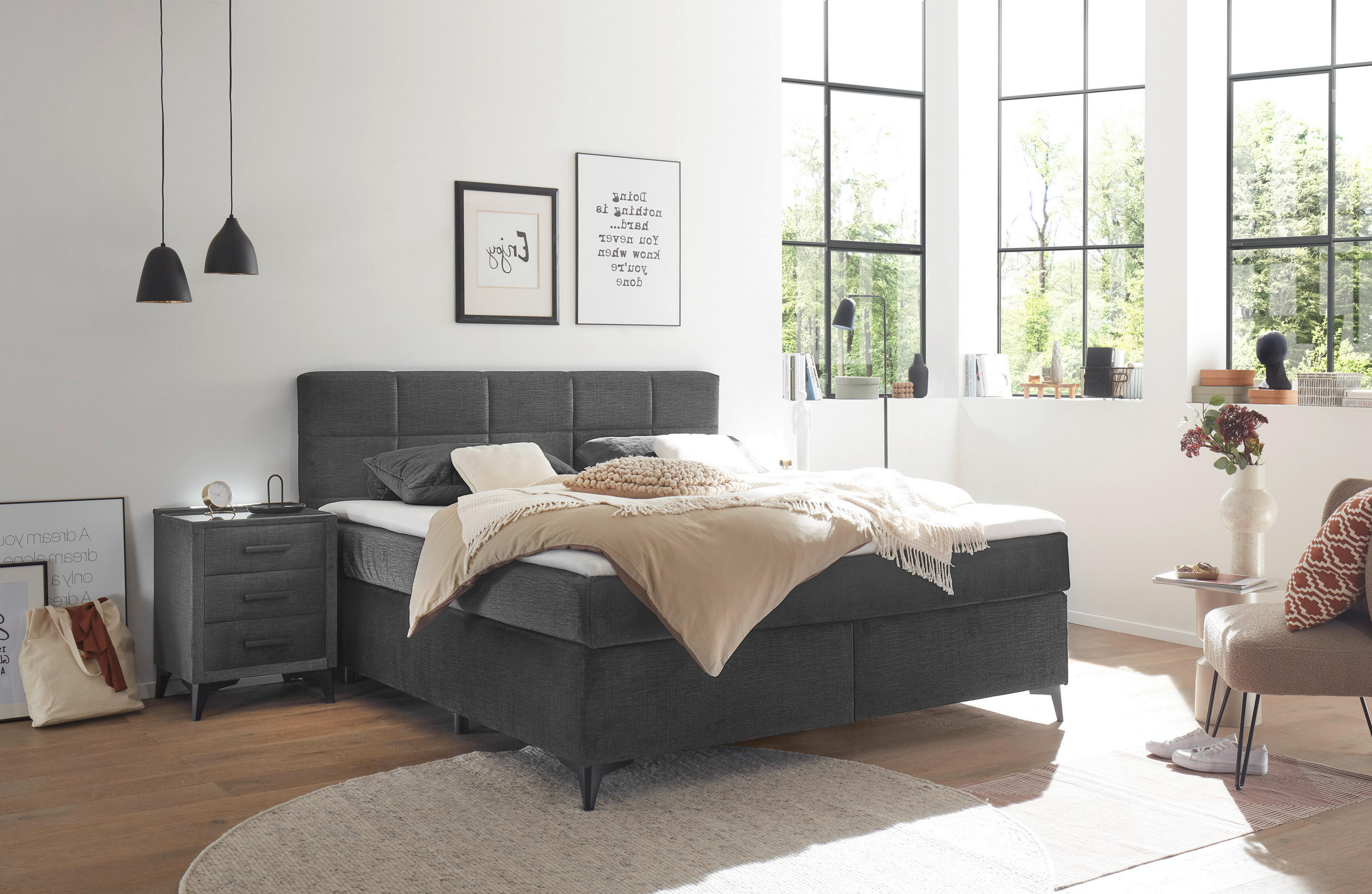 BOXSPRINGBETT 180/200 cm  in Grau  - Schwarz/Grau, Design, Holzwerkstoff/Kunststoff (180/200cm) - Xora