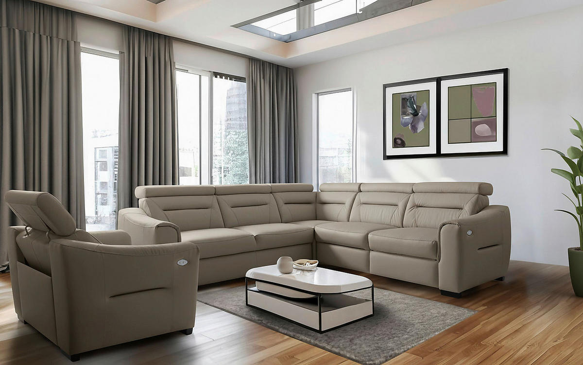 ECKSOFA Schlammfarben Echtleder Lederlook Schlaffunktion, Rücken echt, Relaxfunktion, Kopfteilverstellung  - Wengefarben/Schlammfarben, Design, Leder/Holz (260/260cm) - Celina Home