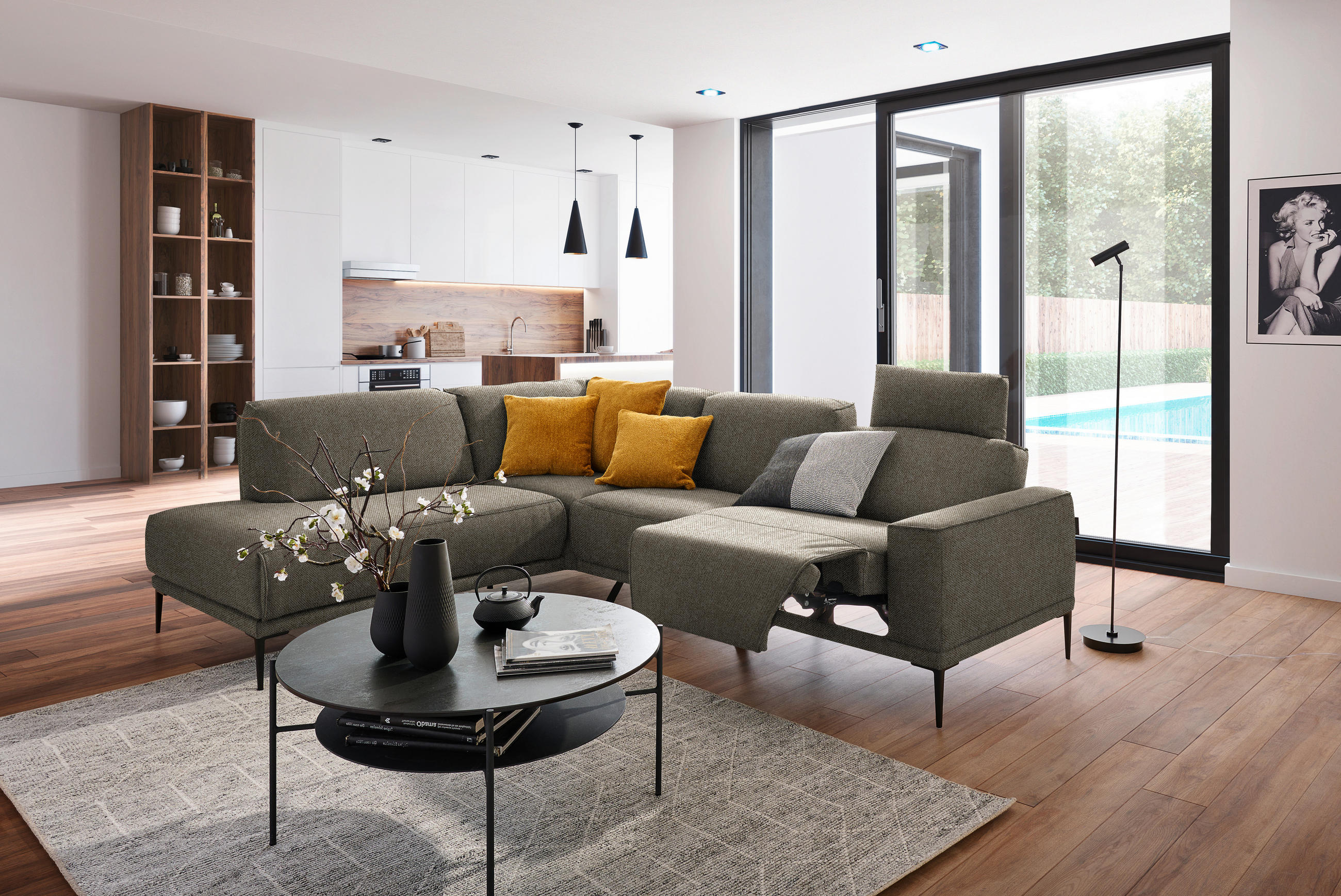 ECKSOFA in Flachgewebe Hellbraun  210/260 cm  - Hellbraun/Schwarz, Design, Textil/Metall (210/260cm) - Johann Jakob