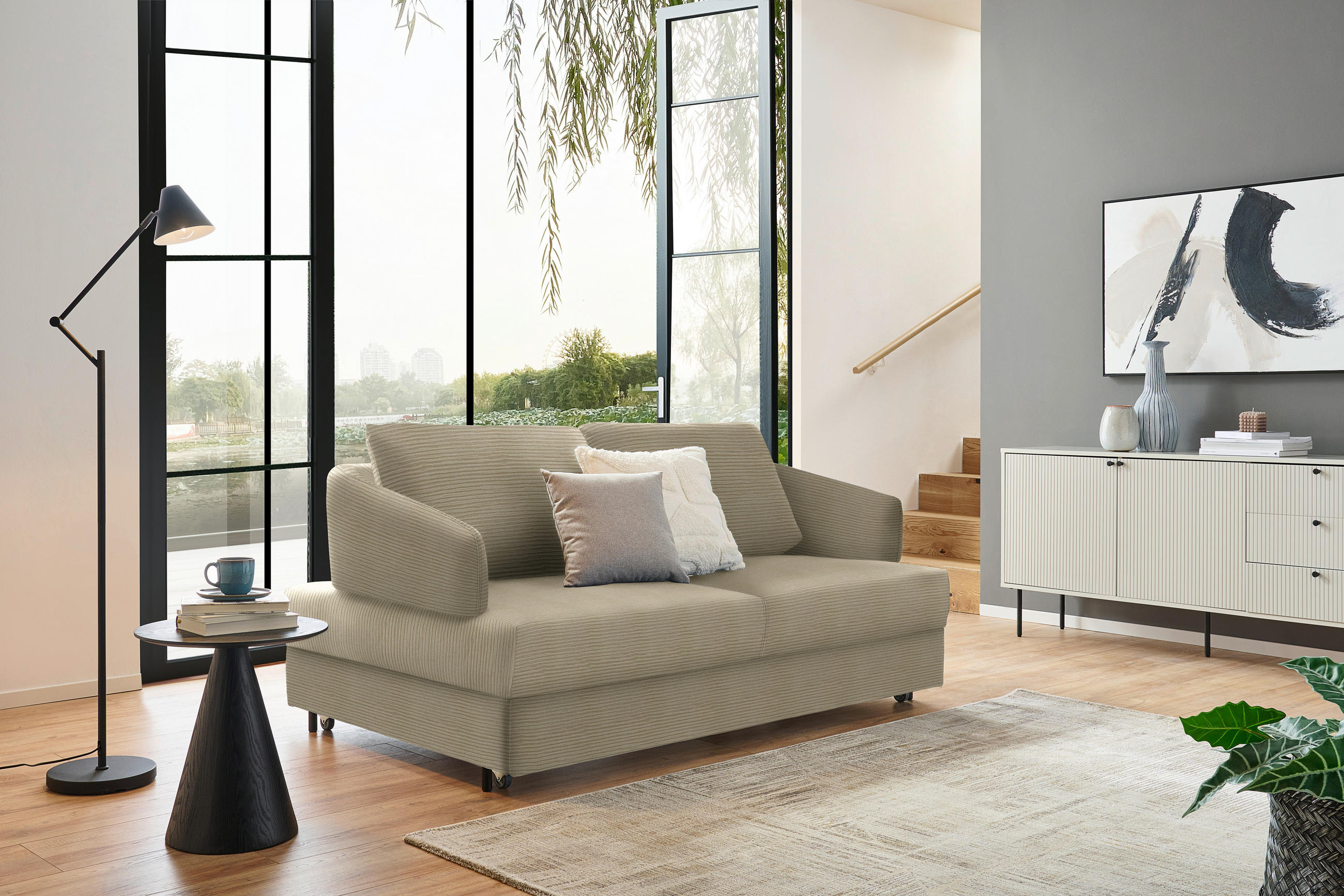 SCHLAFSOFA in Textil Beige  - Beige/Schwarz, Design, Textil/Metall (172/76-89/112-120cm) - Bali