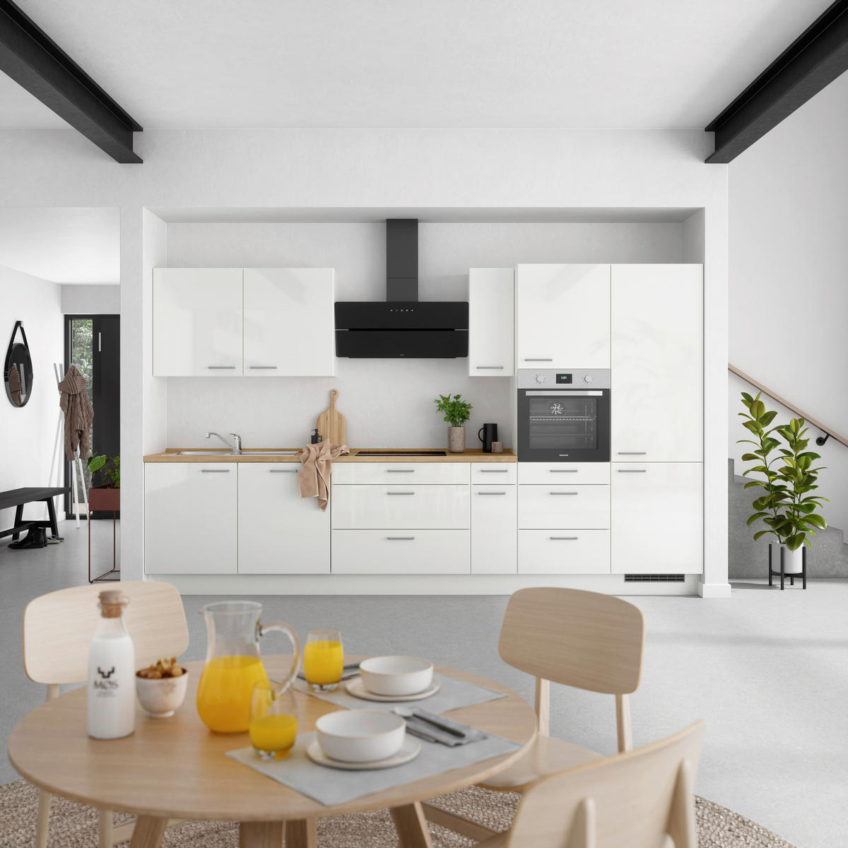 KÜCHENLEERBLOCK 360 cm   in Eichefarben, Weiß Hochglanz  - Edelstahlfarben/Eichefarben, MODERN, Holzwerkstoff/Metall (360cm) - Nobilia