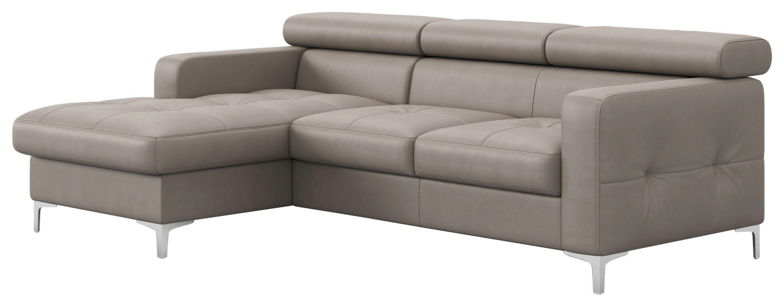 ECKSOFA Grau Echtleder Bettkasten, Schlaffunktion, Rücken echt, Kopfteilverstellung, Kopfstütze  - Chromfarben/Grau, Design, Leder/Metall (168/227cm) - Livetastic