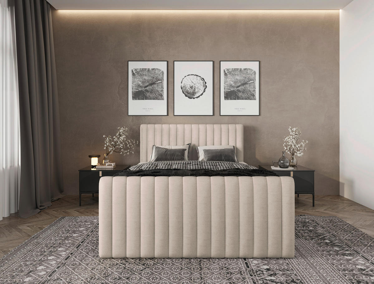 BOXBETT 140/200 cm,  in Creme, gepolstertes Kopfteil, Bettkasten, Topper, Matratzen, H3 + H3 = fest  - Creme/Schwarz, Basics, Kunststoff/Textil (140/200cm) - Chameo