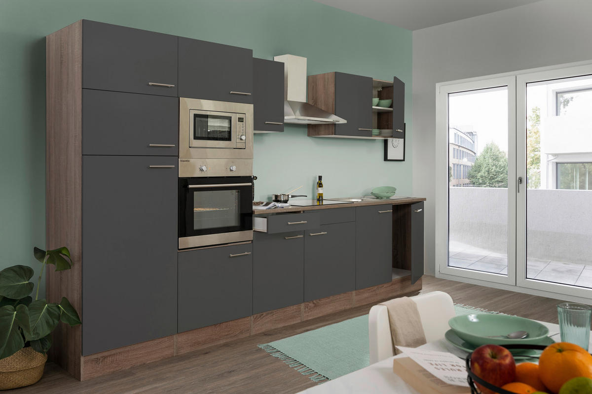 KÜCHENBLOCK 330 cm   in Grau, Eichefarben  - Edelstahlfarben/Eichefarben, Design, Holzwerkstoff/Metall (330cm) - Respekta