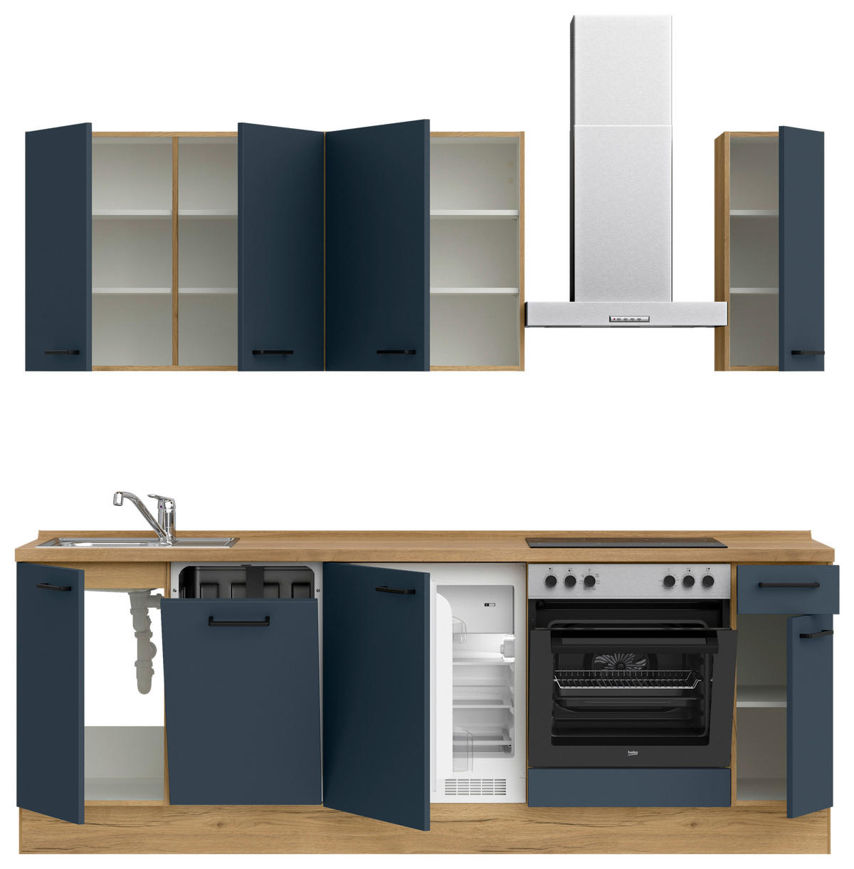 KÜCHENBLOCK Easytouch 240 cm  in Blau, Eichefarben  - Blau/Eichefarben, MODERN, Holzwerkstoff/Metall (240cm) - Nobilia