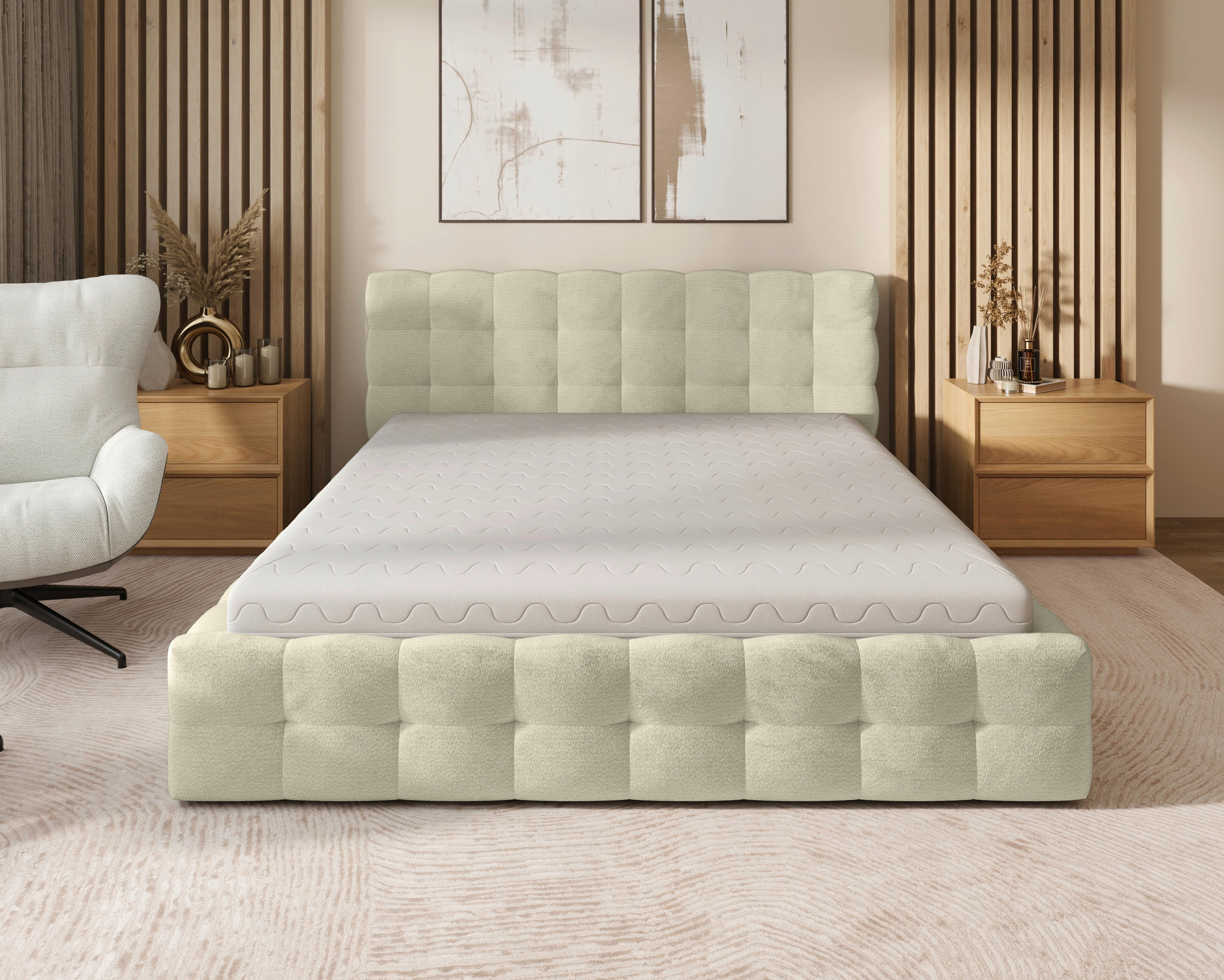 POLSTERBETT 140/200 cm,  in Beige, gepolstertes Kopfteil, Lattenrost, Bettkasten,  - Beige/Schwarz, MODERN, Holz/Kunststoff (140/200cm) - Chameo