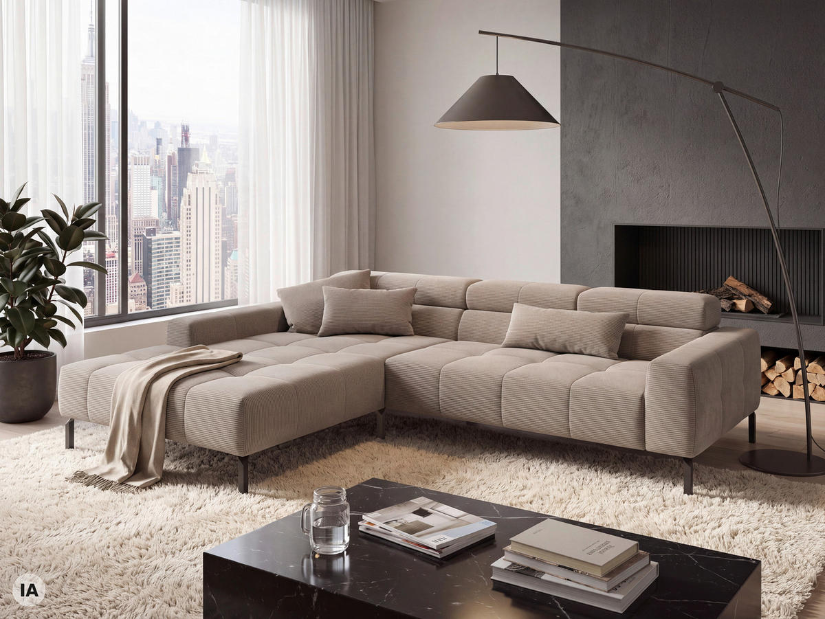 ECKSOFA Sandfarben Feincord Rücken echt, Kopfteilverstellung, Sitztiefenverstellung  - Sandfarben/Schwarz, KONVENTIONELL, Textil/Metall (226/293cm) - Hom`in