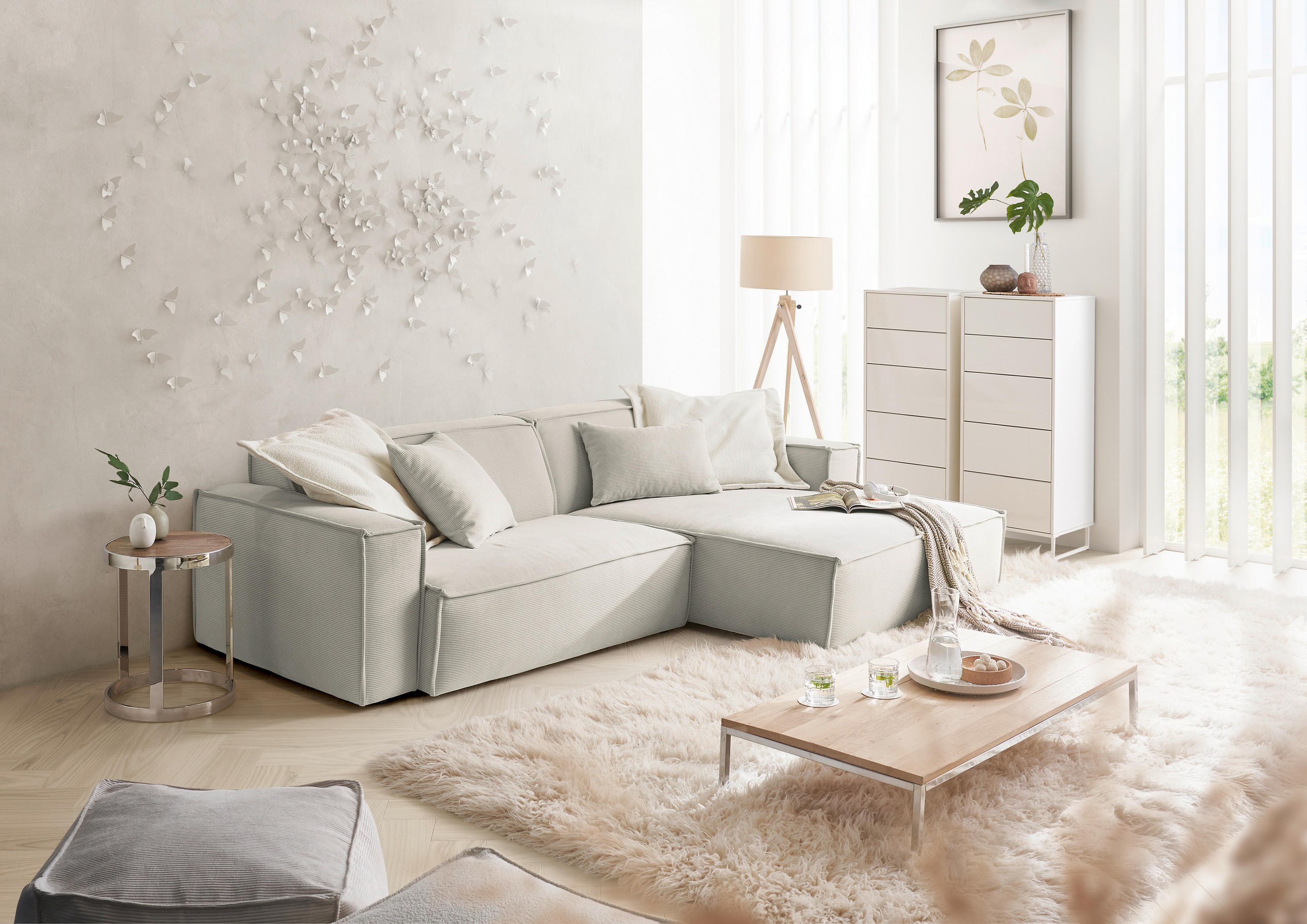 ECKSOFA Hellgrau Feincord  - Hellgrau/Schwarz, KONVENTIONELL, Kunststoff/Textil (276/168cm) - Hom`in