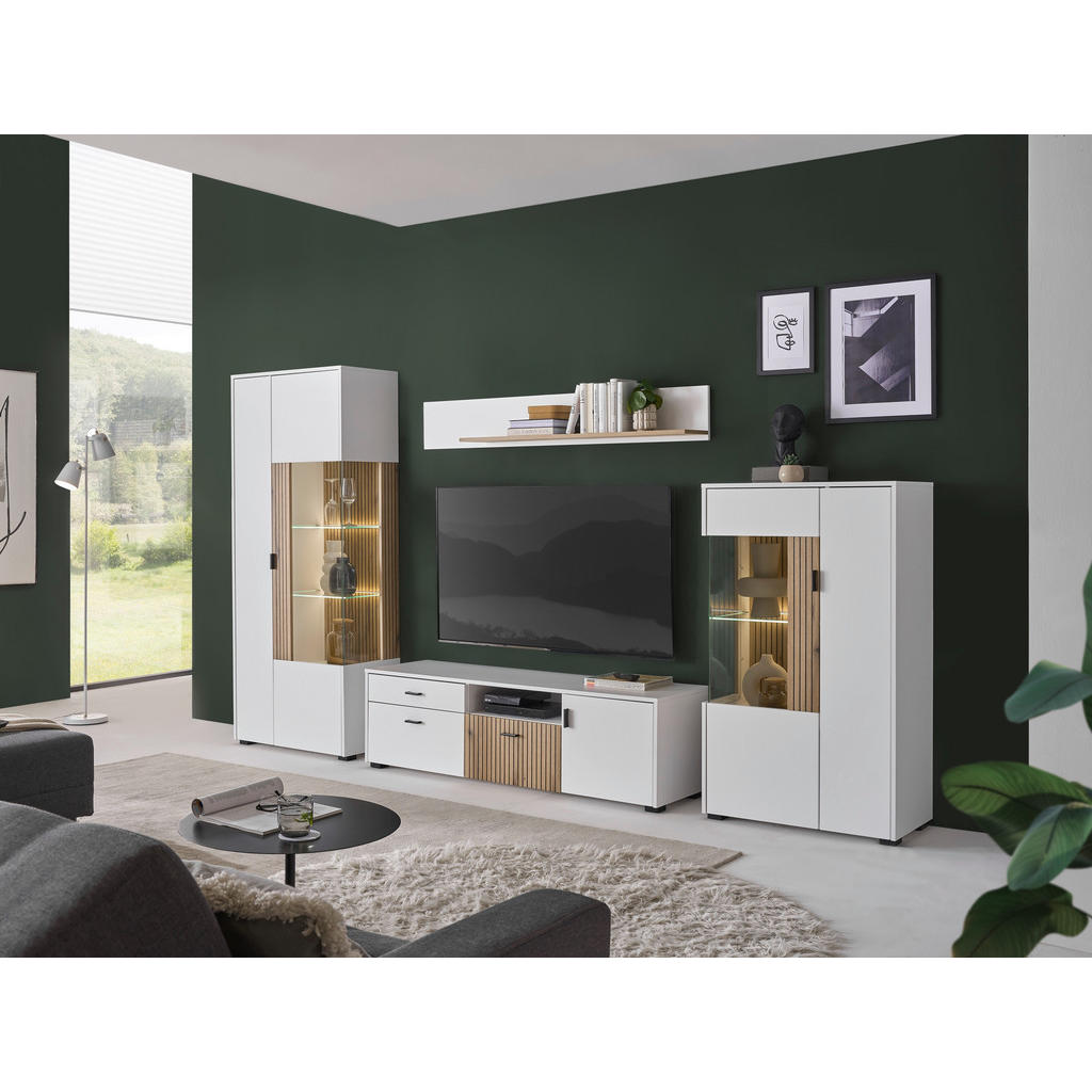 Thumbnail - Mid.you Wohnwand, Eiche, Weiß, Holzwerkstoff, Glas, 4-teilig, 13 Fächer, 1 Schubladen, 320x180x42 cm, Typenauswahl, steh...