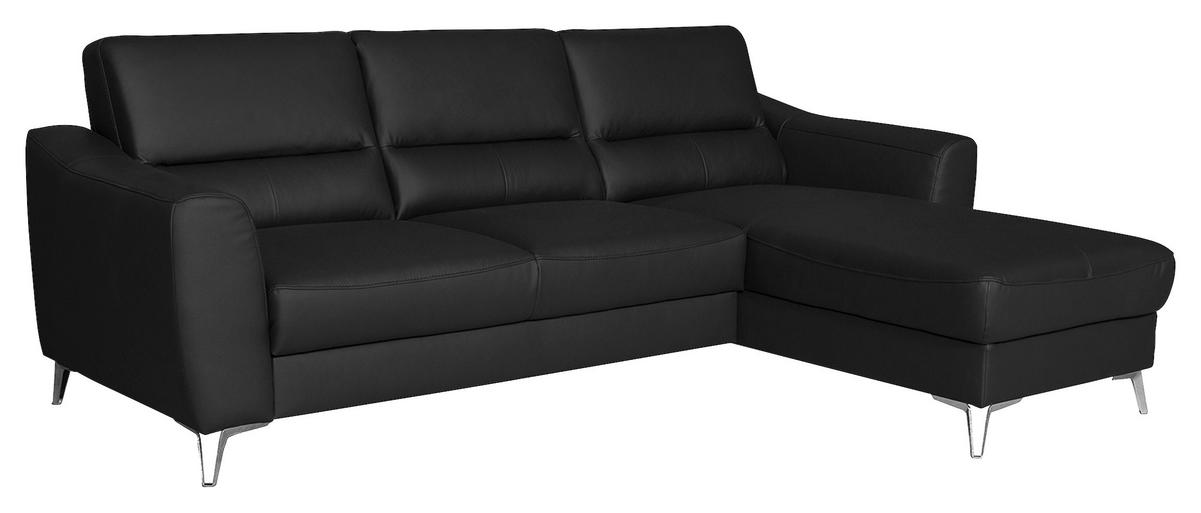 ECKSOFA Schwarz Echtleder Lederlook Bettkasten, Schlaffunktion, Rücken echt  - Chromfarben/Schwarz, Design, Leder/Textil (241/168cm) - Livetastic
