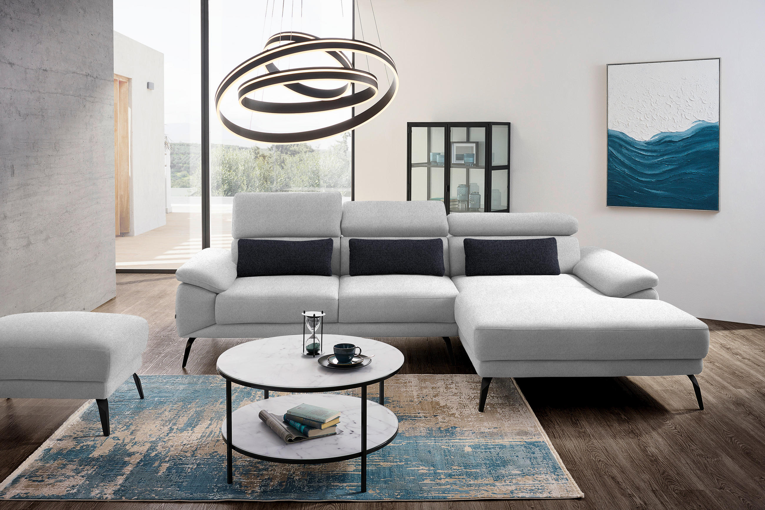 ECKSOFA in Velours Hellgrau  - Hellgrau/Schwarz, Design, Textil/Metall (295/187cm) - Novel