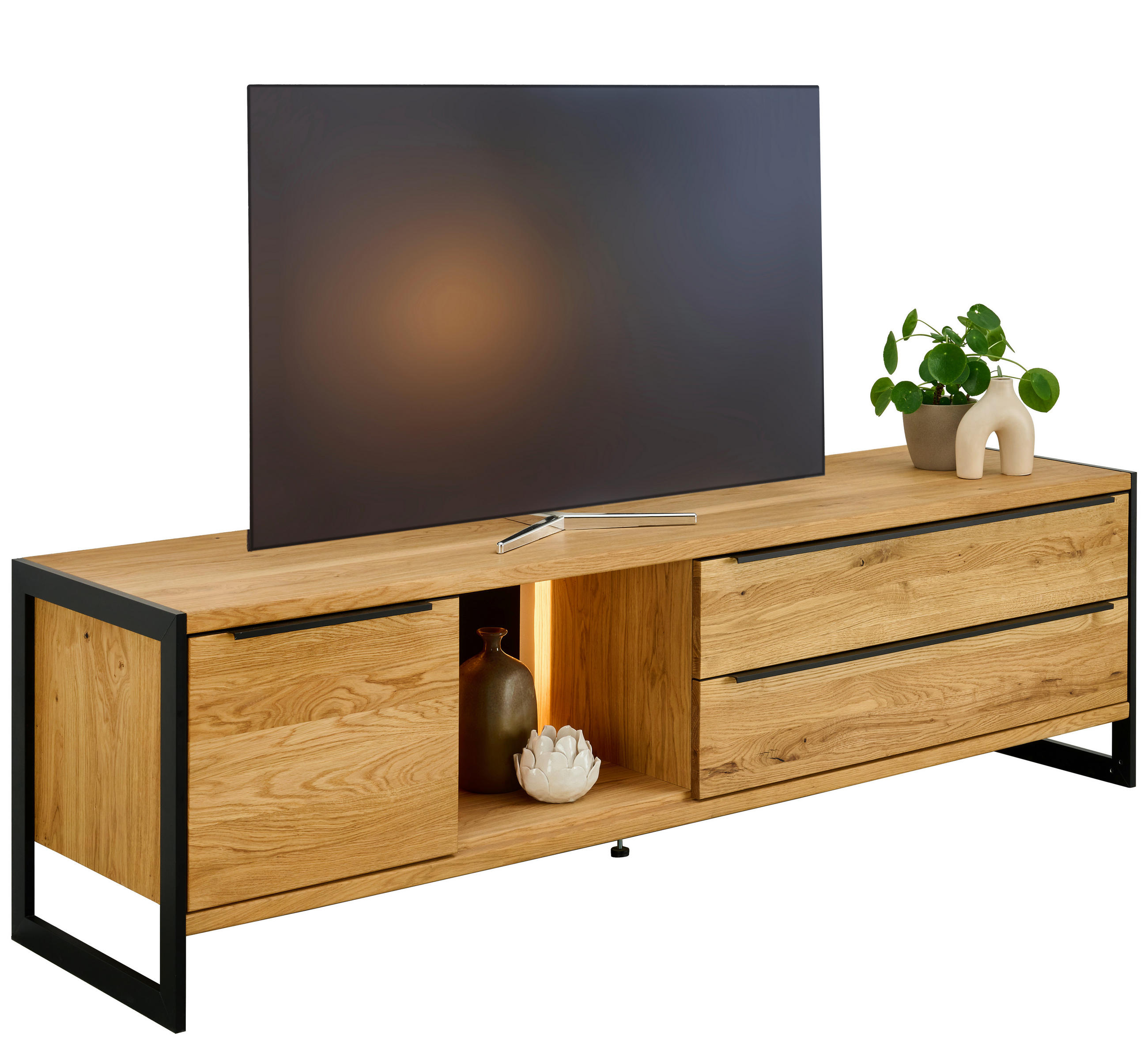 LOWBOARD Schwarz, Eichefarben  195/57,4/50 cm  - Eichefarben/Schwarz, Natur, Glas/Holzwerkstoff (195/57,4/50cm) - Linea Natura