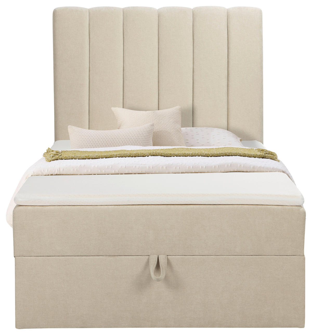 BOXBETT 100/200 cm,  in Beige, Matratze, gepolstertes Kopfteil, Bettkasten, Topper, H3 = fest  - Beige/Schwarz, Basics, Kunststoff/Textil (100/200cm) - Chameo