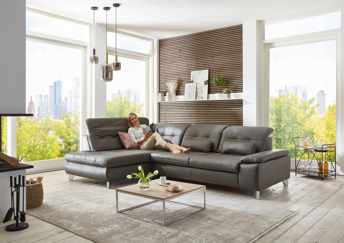 ECKSOFA in Echtleder Grau  - Grau, Basics, Leder/Metall (211/309cm) - Beldomo Speed
