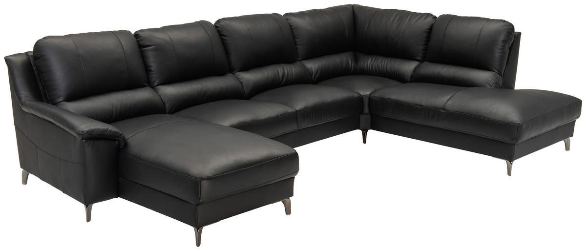 SOFA in Echtleder Schwarz  - Schwarz, Konventionell, Leder/Metall (163/326/212cm) - Livetastic