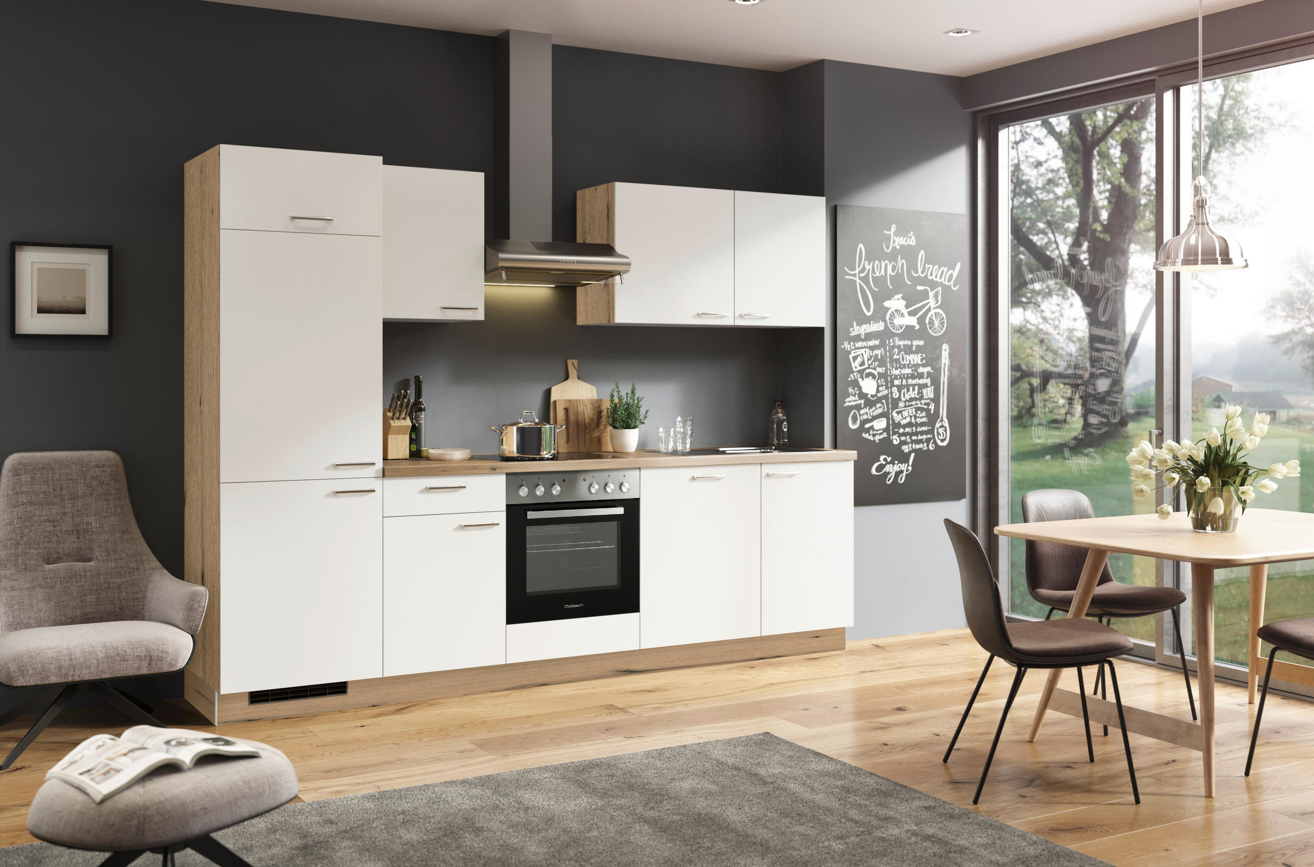 KÜCHENBLOCK 280 cm   in Weiß, Eichefarben  - Edelstahlfarben/Eichefarben, KONVENTIONELL, Holzwerkstoff/Metall (280cm) - Welnova