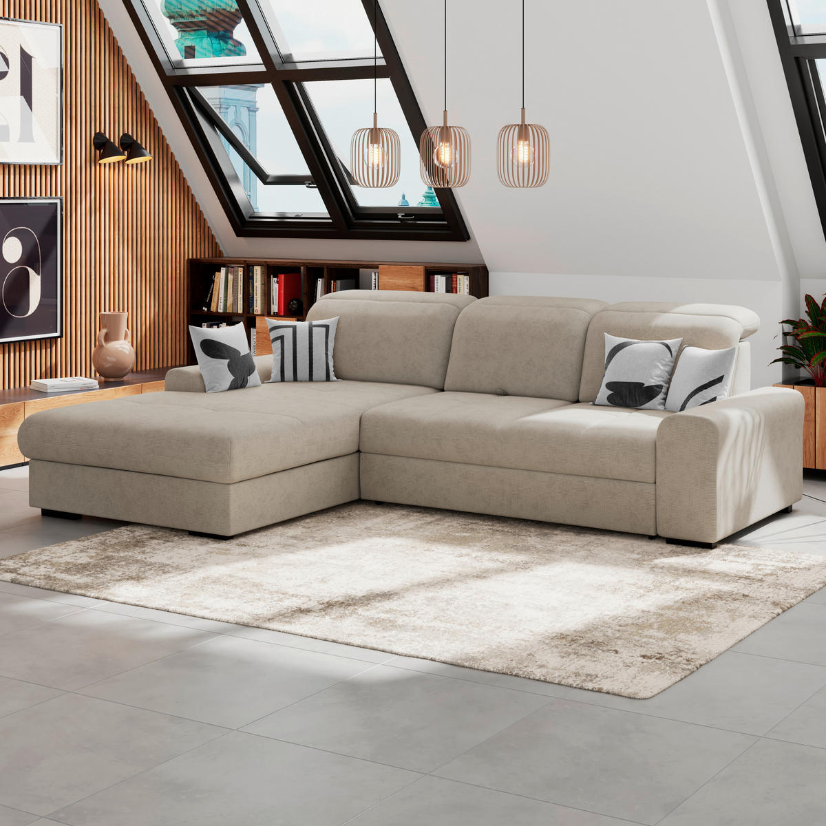 ECKSOFA Beige Chenille Rücken echt, Kopfteilverstellung  - Beige/Schwarz, KONVENTIONELL, Holz/Textil (203/286cm) - MID.YOU