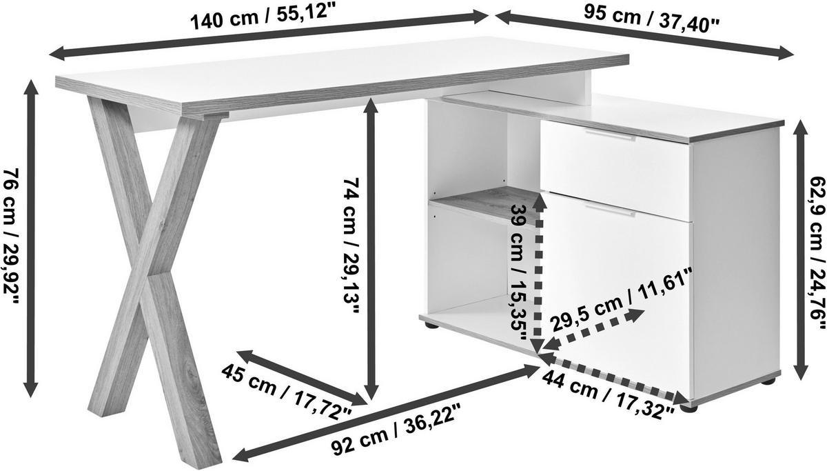 ECKSCHREIBTISCH 140/95/76 cm  in Weiss, Eichefarben  - Weiss/Eichefarben, Modern, Holzwerkstoff/Metall (140/95/76cm) - Livetastic