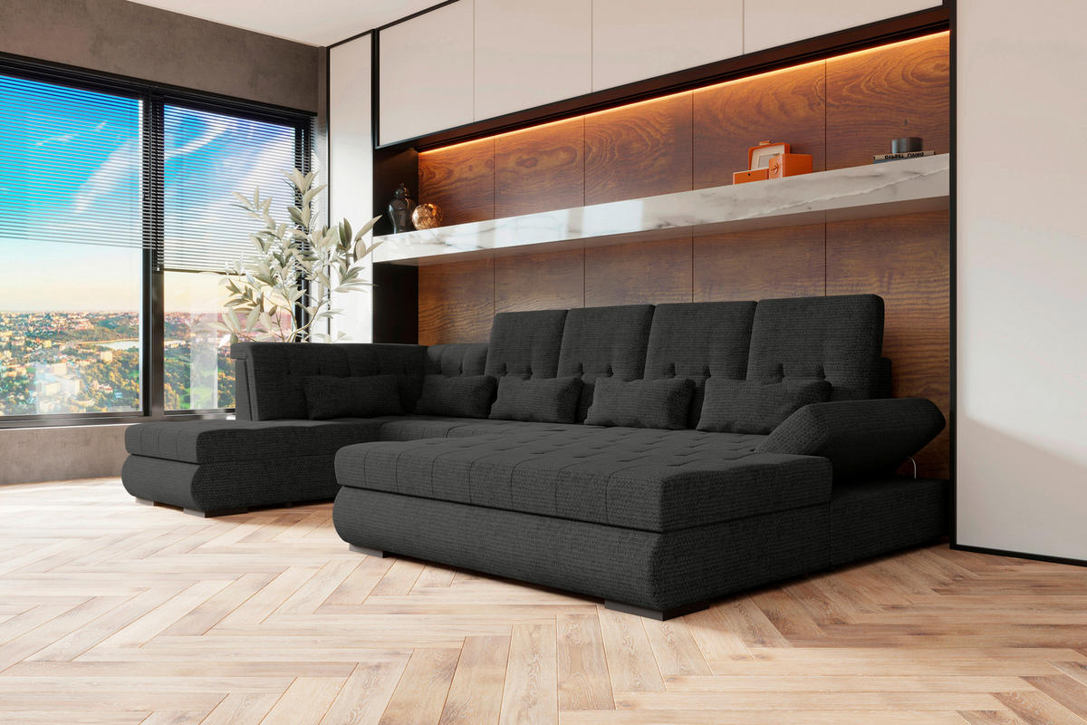 WOHNLANDSCHAFT Graphitfarben Struktur  - Schwarz/Graphitfarben, KONVENTIONELL, Kunststoff/Textil (222/358/212cm) - Carryhome