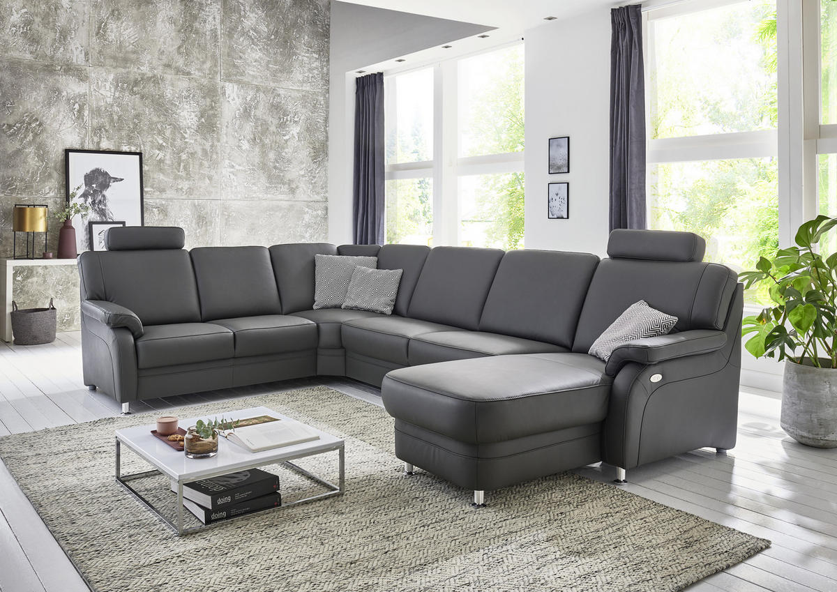 WOHNLANDSCHAFT in Echtleder Anthrazit  - Anthrazit/Alufarben, Konventionell, Leder/Metall (239/329/165cm) - Beldomo Premium