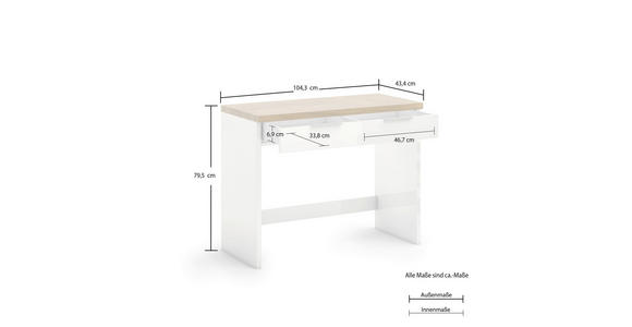 SCHMINKTISCH Weiß, Eichefarben  - Eichefarben/Alufarben, Design, Holzwerkstoff/Metall (104,3/45/79,7cm) - Xora