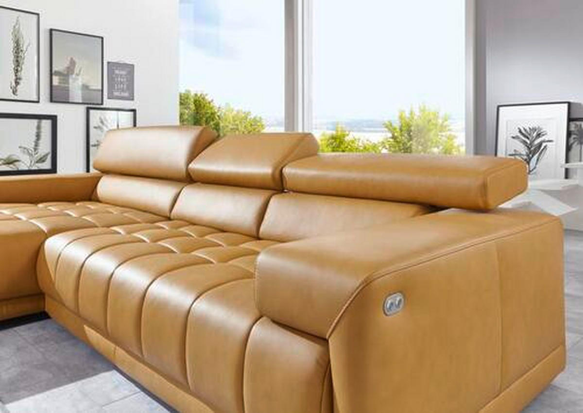 ECKSOFA in Echtleder Currygelb  - Currygelb/Alufarben, Design, Leder/Metall (190/335cm) - Beldomo Speed