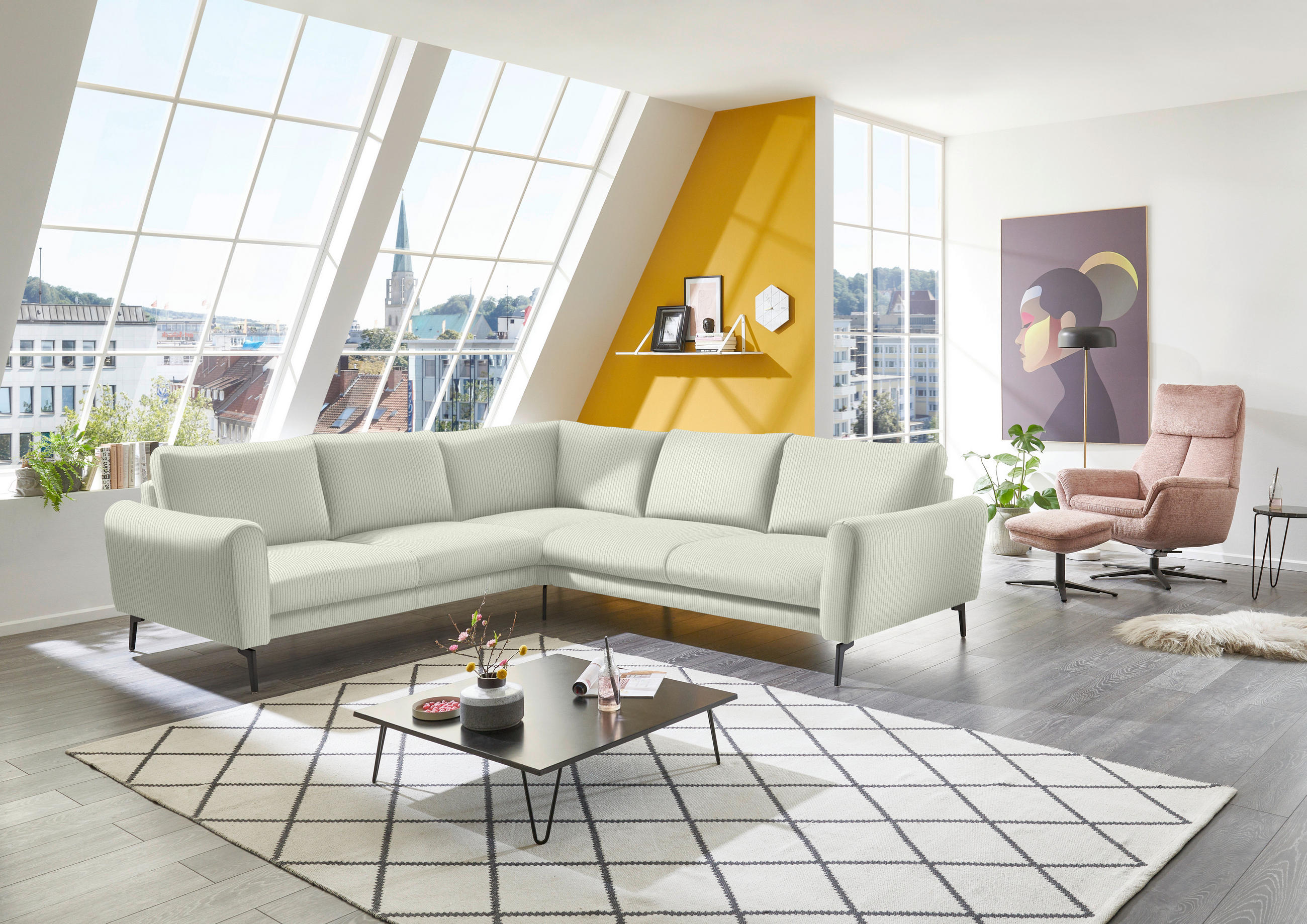 ECKSOFA in Velours, Feincord Creme  - Creme/Schwarz, Design, Textil/Metall (254/280cm) - Beldomo Style