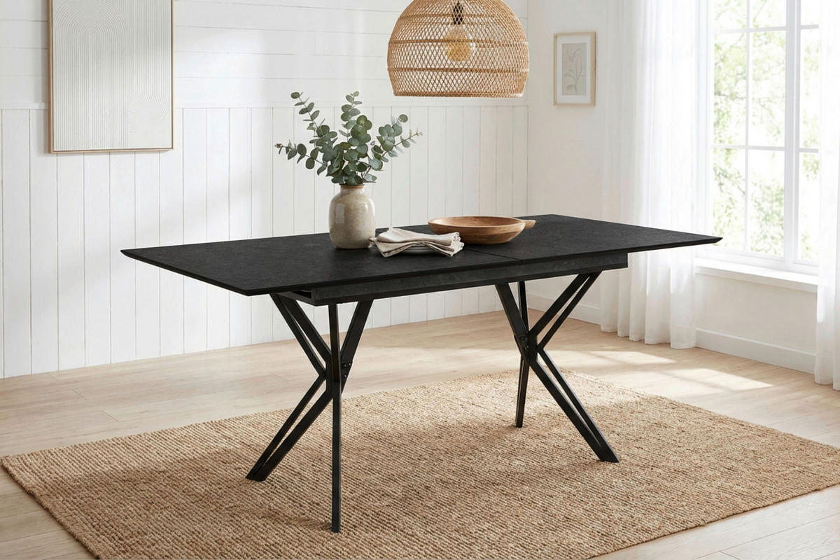 ESSTISCH Schwarz rechteckig  ausziehbar  - Schwarz, MODERN, Holzwerkstoff/Metall (160/90/76cm) - MID.YOU