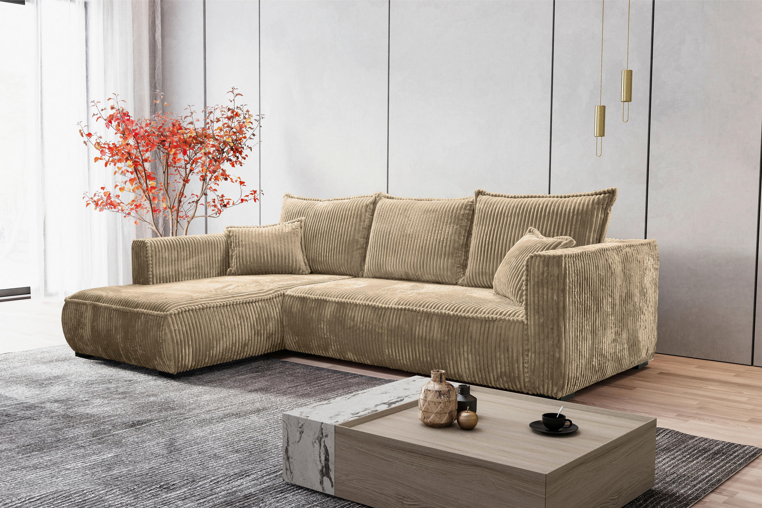 ECKSOFA in Cord Beige  - Beige/Schwarz, Modern, Holz/Textil (208/322cm) - MID.YOU