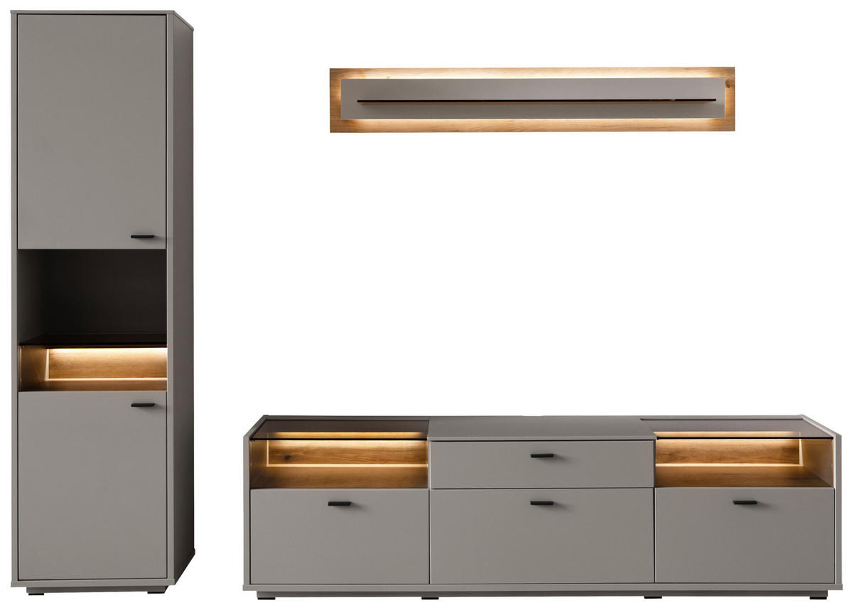 REGAL ZA DNEVNI BORAVAK siva, boje hrasta   - siva/boje hrasta, Moderno, staklo/drvni materijal (271/200/44cm) - Stylife