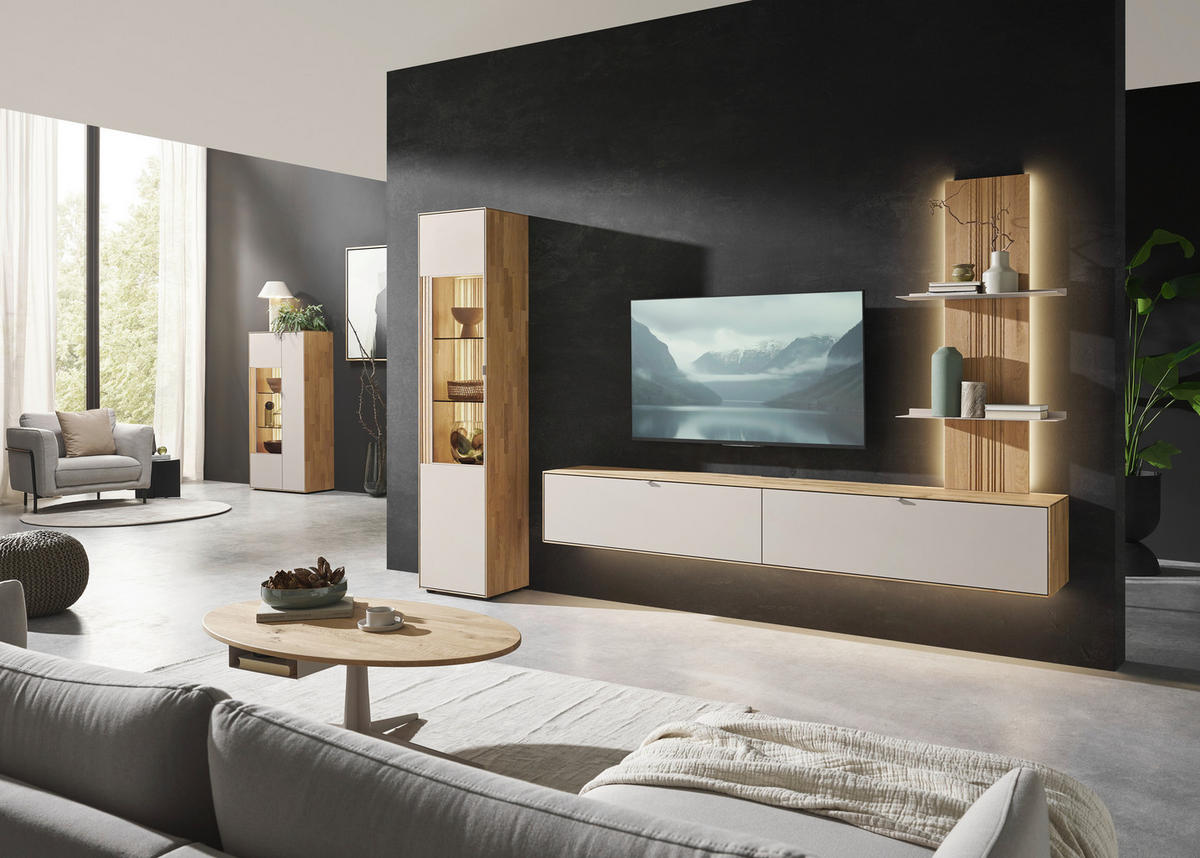 WOHNWAND  in Weiß, Wildeiche  303,8/205,5/37,1 cm   - Wildeiche/Schwarz, Design, Glas/Holz (303,8/205,5/37,1cm) - Dieter Knoll