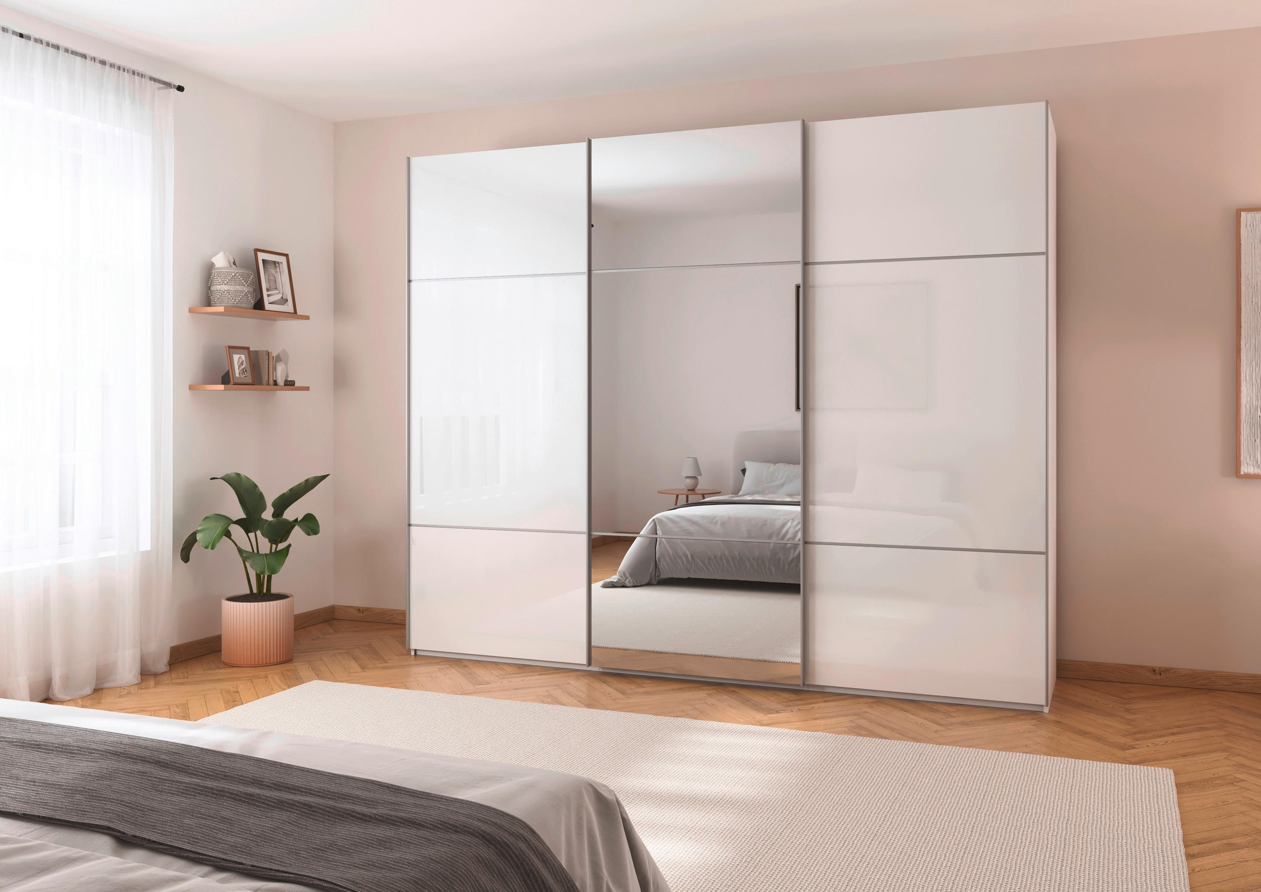 SCHWEBETÜRENSCHRANK 301/223/68 cm 3-türig Weiß - Alufarben/Weiß, KONVENTIONELL, Glas/Holzwerkstoff (301/223/68cm) - Novel