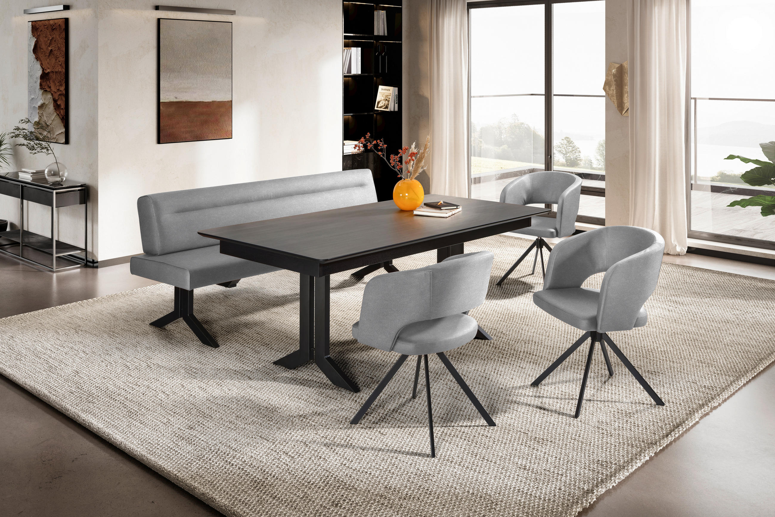 SITZBANK 220/87/70 cm Lederlook (vegan) Hellgrau Metall  - Hellgrau/Schwarz, KONVENTIONELL, Textil/Metall (220/87/70cm) - Moderano