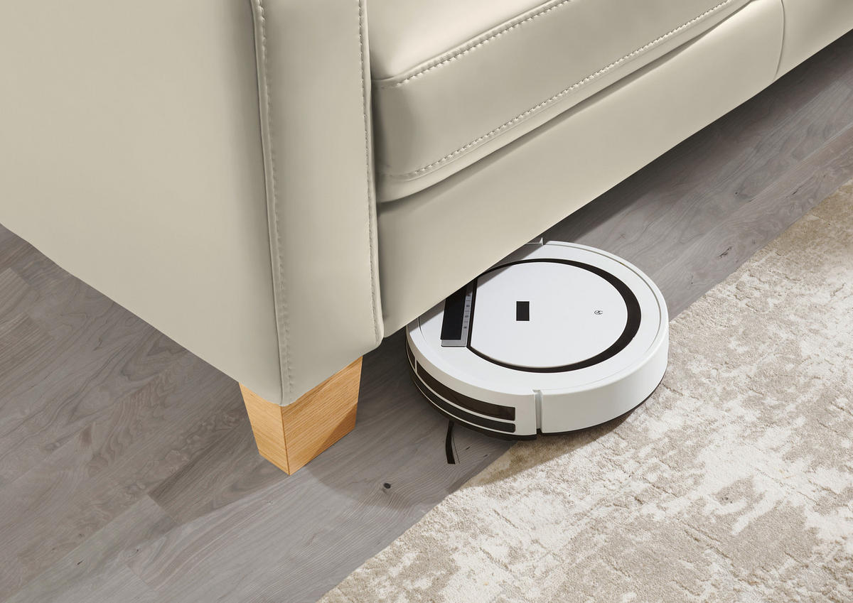 ECKSOFA in Echtleder Ecru  - Ecru/Eiche Bianco, Natur, Leder/Holz (257/235cm) - Valdera