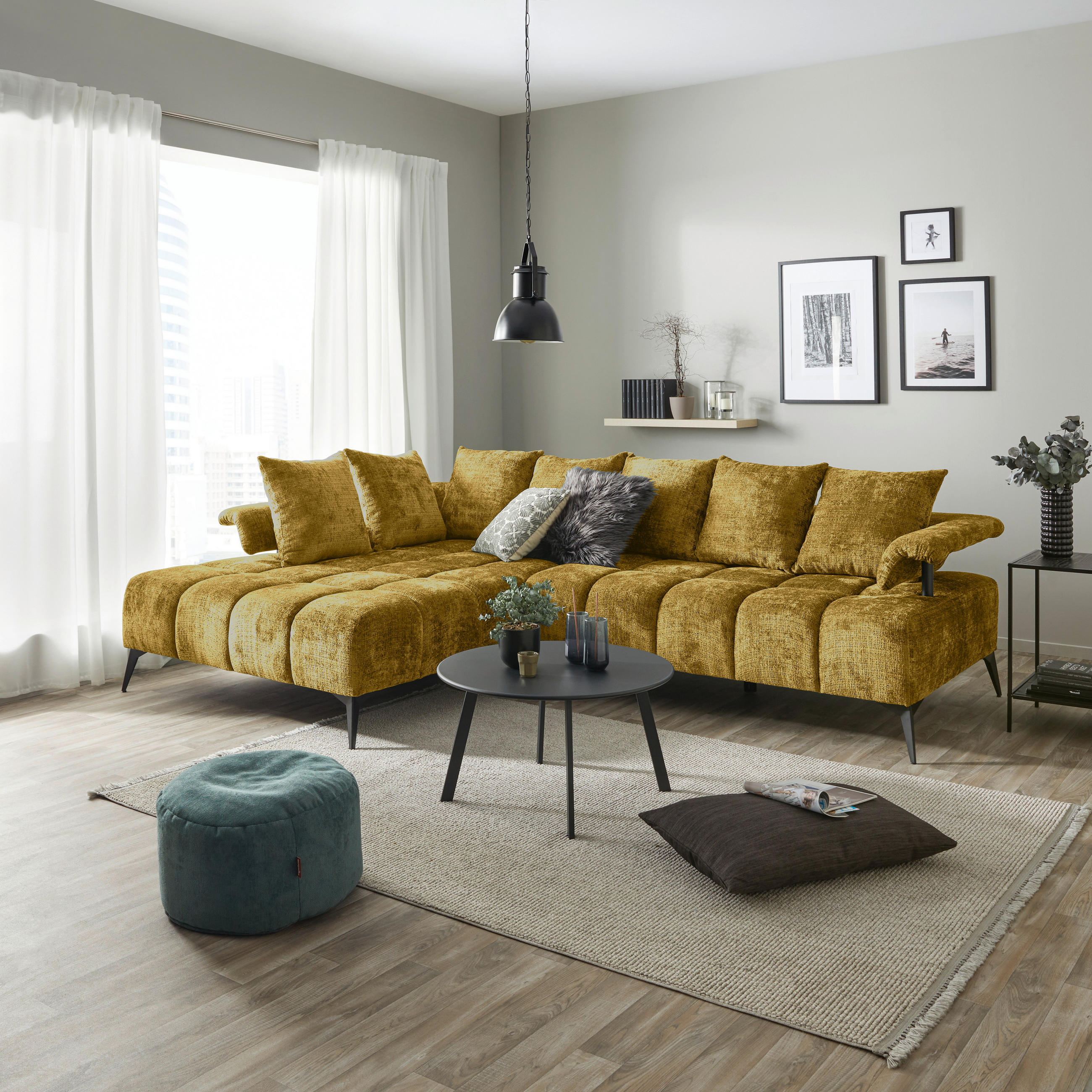 ECKSOFA in Flachgewebe Goldfarben  - Goldfarben/Schwarz, Modern, Kunststoff/Textil (200/297cm) - Livetastic